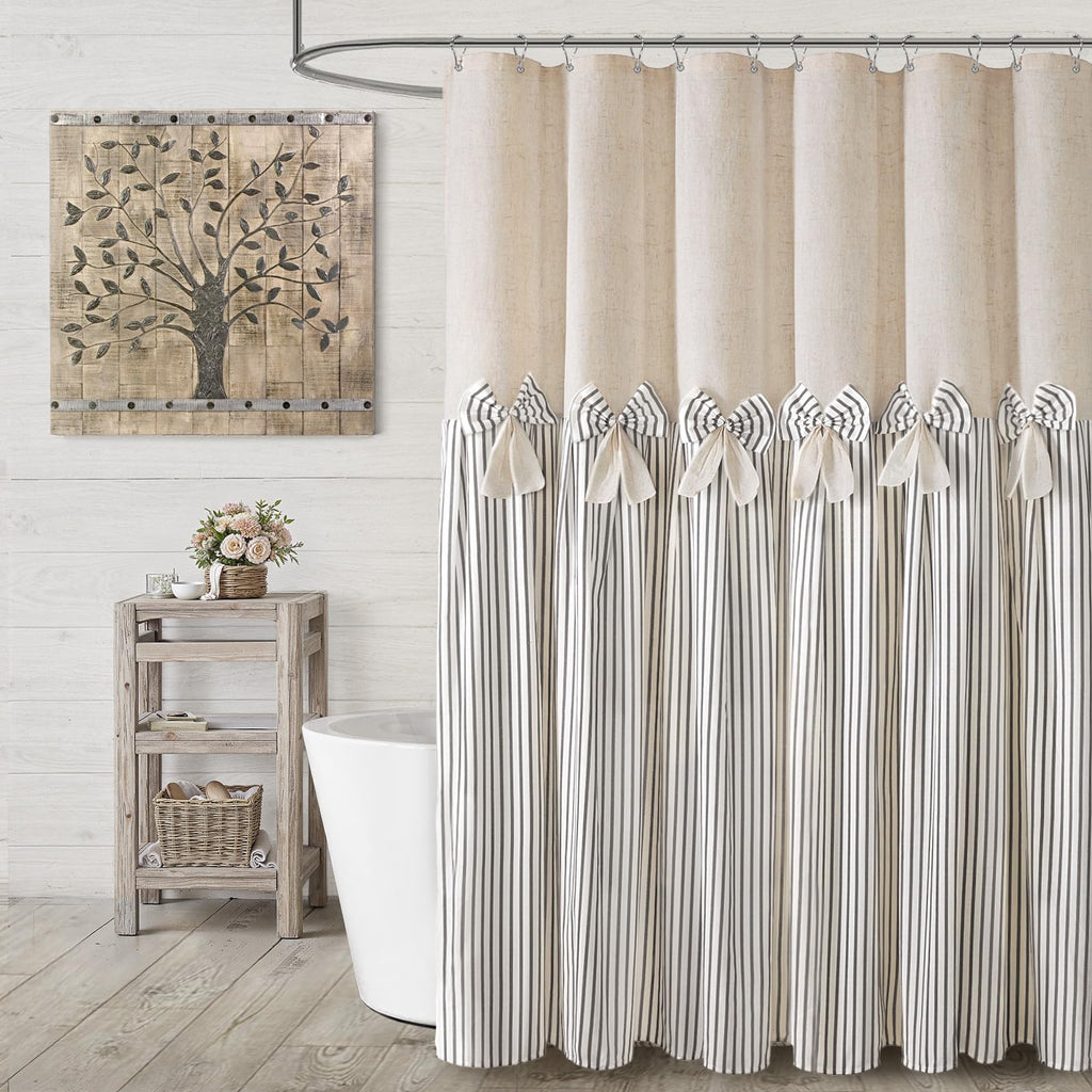 Farmhouse Shower Curtain Linen Beige Button Woven Fabric Country Rustic Western, Pleated Brown Stripe 72" W x 72" L