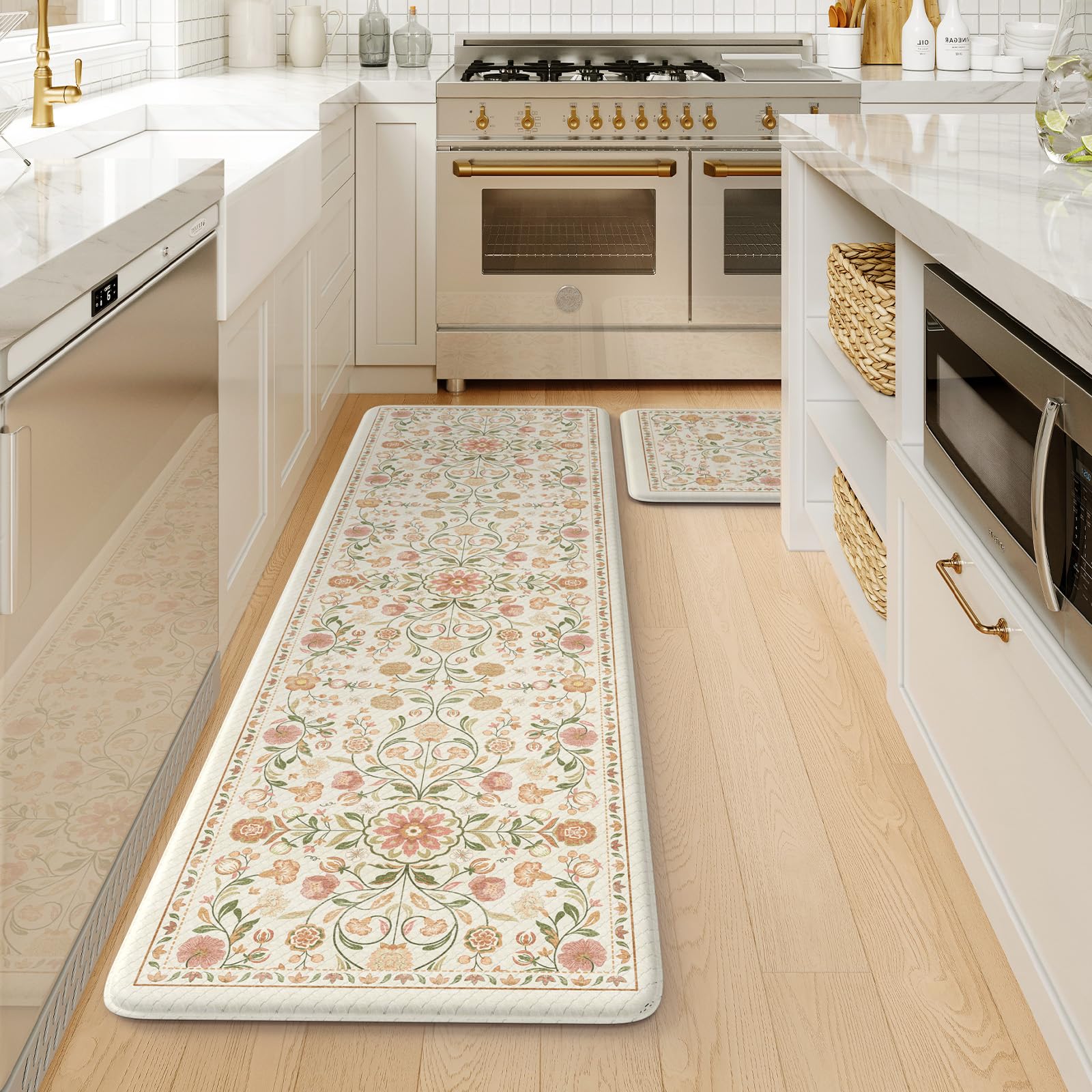 KIMODE Anti Fatigue Mats for Kitchen Floor Non Slip,Farmhouse Boho Floral Standing Kitchen Rugs Sets of 2,Comfort Cushioned Padded Ergonomic Carpet for Laundry Sink Office,Beige