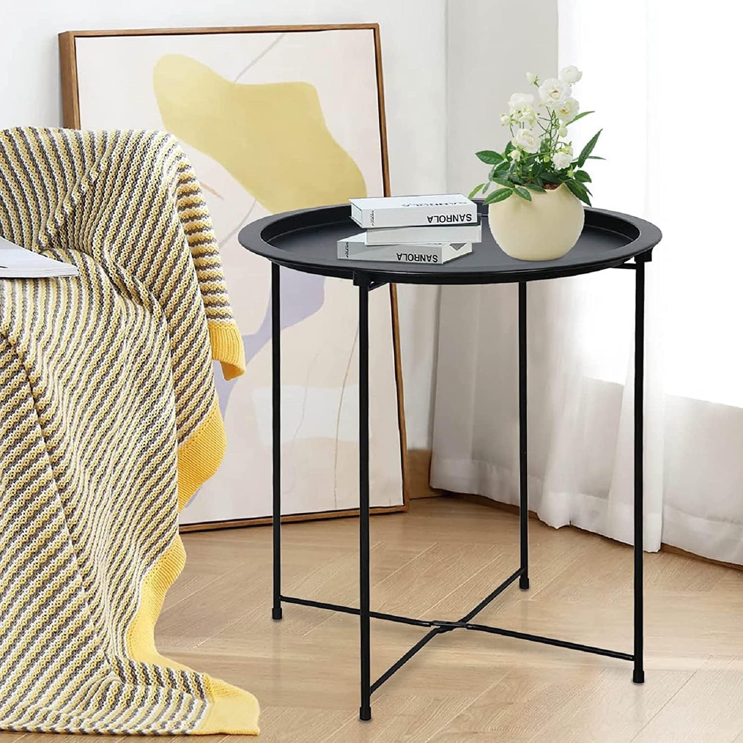 Garden 4 you End Table 2 PCS Metal Side Table Black Round Folding Tray Cyan Sofa Small Accent Fold-able Table, Round End Table Tray, Next to Sofa Table, Snack Table for Living Room and Bed Room