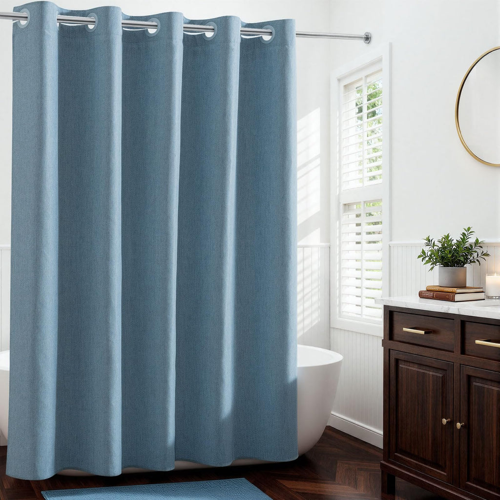 River Dream Linen Textured No Hook Shower Curtain with Snap-in Liner, Farmhouse Quick Dry Fabric Shower Curtain for Bathroom,Rustic Bathroom Set,See-Through Top Window,Water-Repellent,Linen,71Wx74L