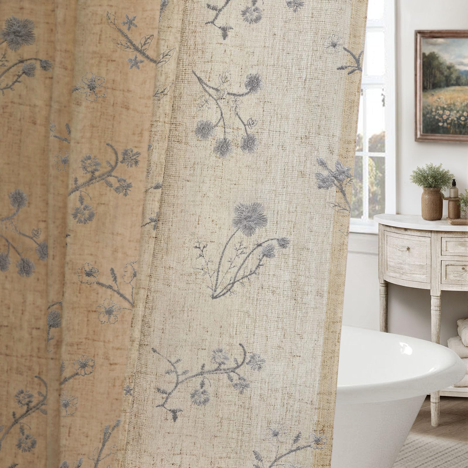 Floral Farmhouse Vintage Linen Shower Curtain, French Country Spring Shower Curtains for Bathroom, 72Wx72H