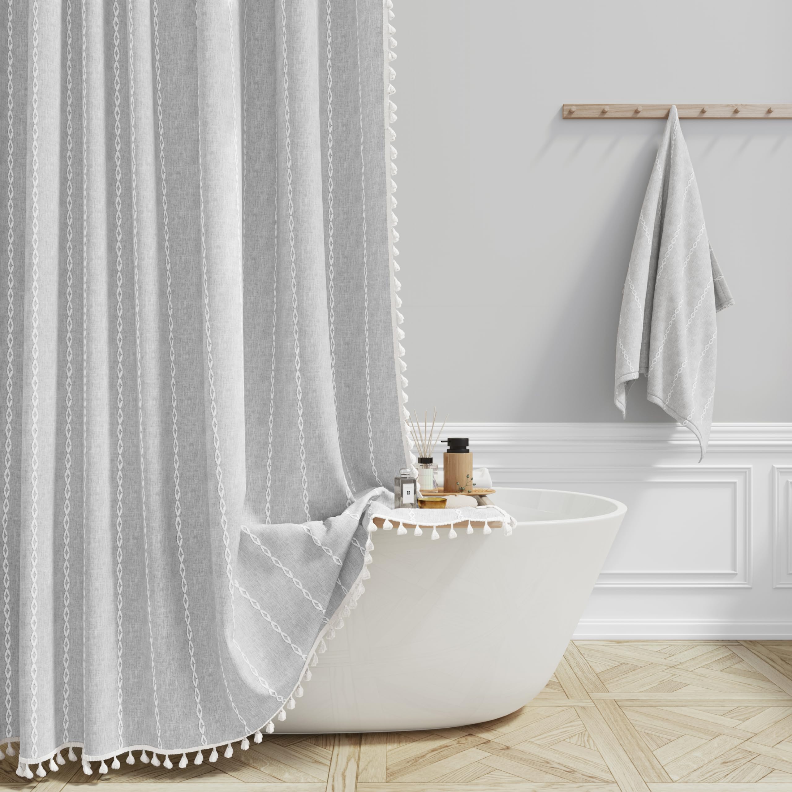 BTTN Boho Farmhouse Shower Curtain, Linen Rustic Weighted Striped Cloth Shower Curtain Set with Tassel, Water Repellent, Bohemian Vintage Country Fabric Shower Curtain for Bathroom, Cream/Beige, 72x72
