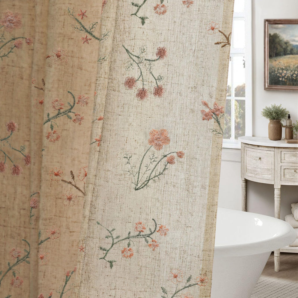 Floral Farmhouse Vintage Linen Shower Curtain, French Country Spring Shower Curtains for Bathroom, 72Wx72H
