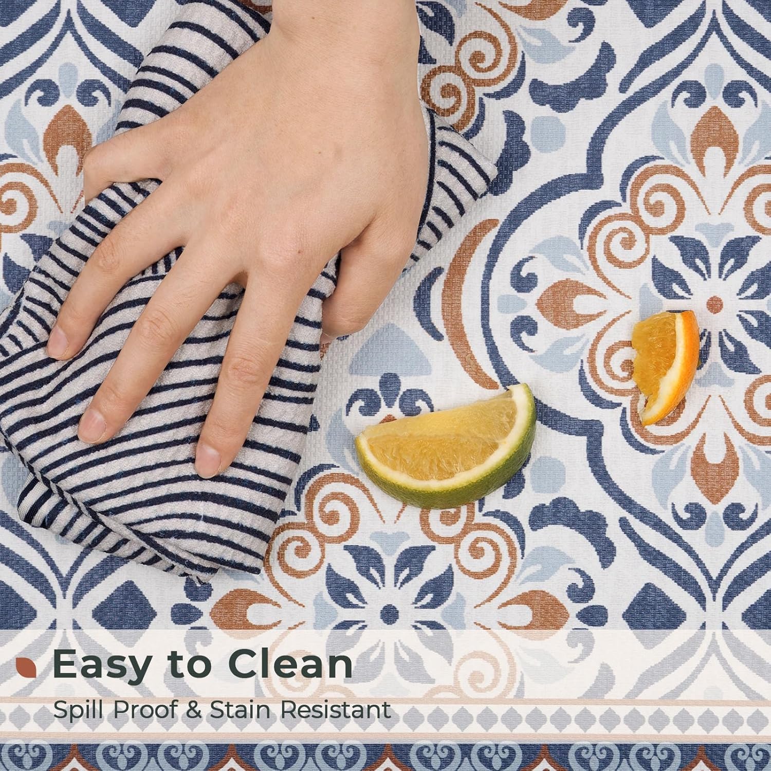 2-Piece Moroccan Tile Anti-Fatigue Kitchen Mat Set, Waterproof Non-Skid Washable Floor Rug 17"×30"+17"×47"