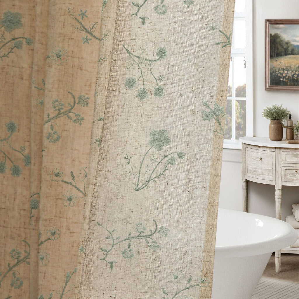 Floral Farmhouse Vintage Linen Shower Curtain, French Country Spring Shower Curtains for Bathroom, 72Wx72H