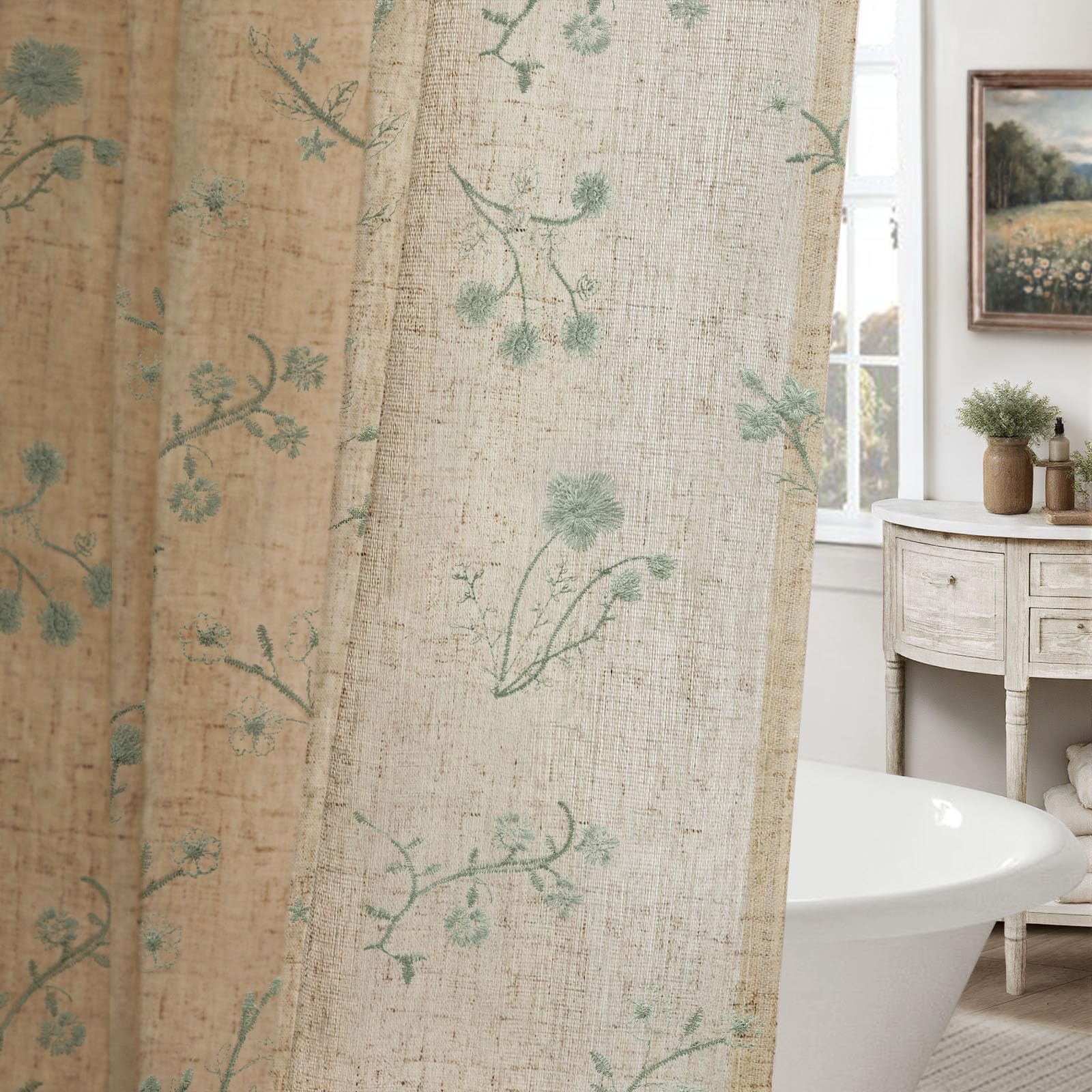 Floral Farmhouse Vintage Linen Shower Curtain, French Country Spring Shower Curtains for Bathroom, 72Wx72H