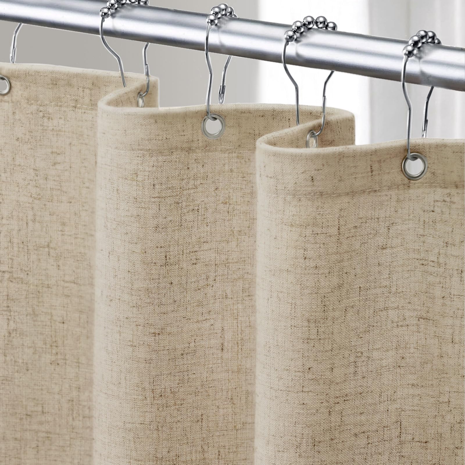 Linen Shower Curtain Beige, Fabric Boho Farmhouse Shower Curtains for Bathroom Cream Cotton Natural Cloth 72" W x 72" L