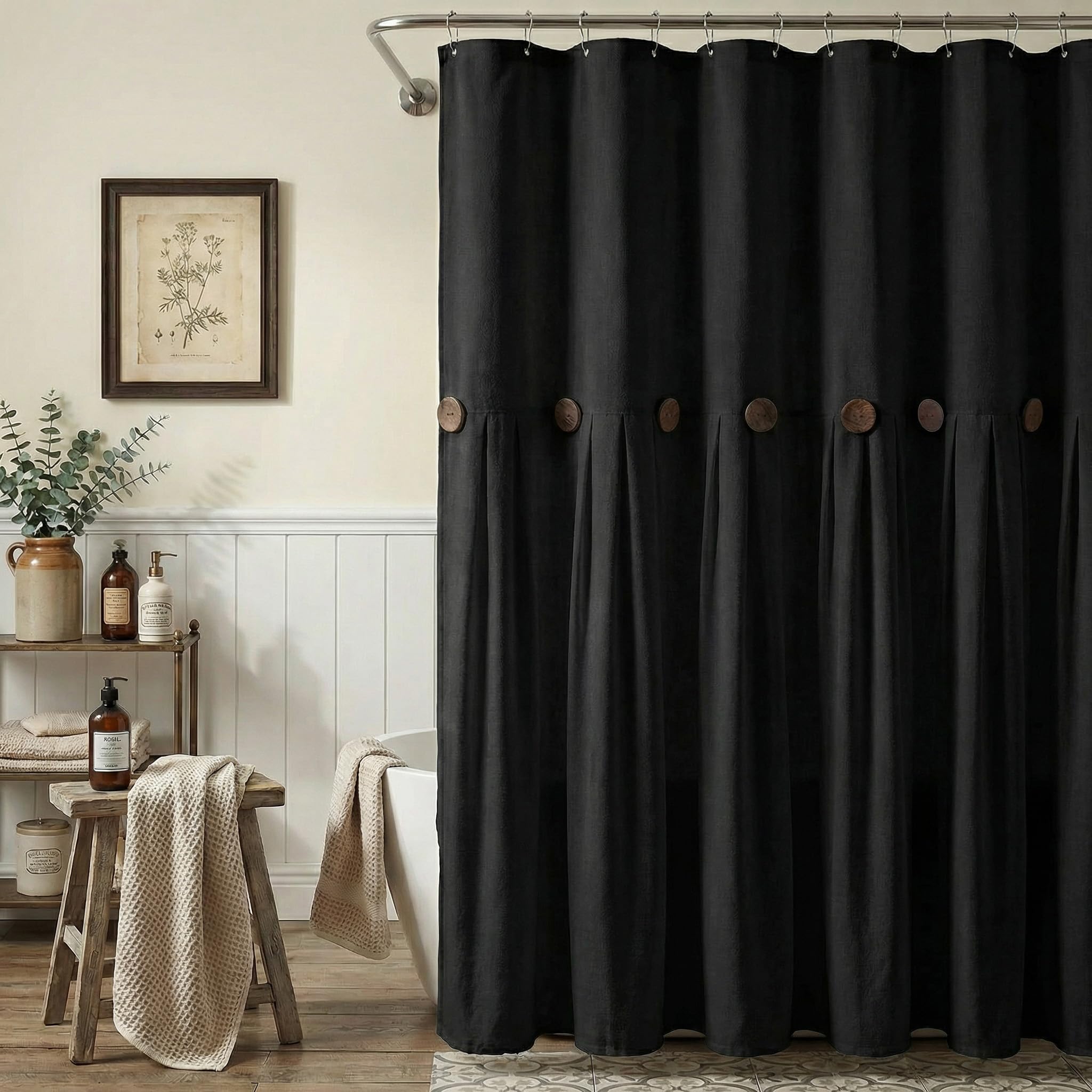Farmhouse Shower Curtain Linen Beige Button Woven Fabric Country Rustic Western, Pleated Brown Stripe 72" W x 72" L