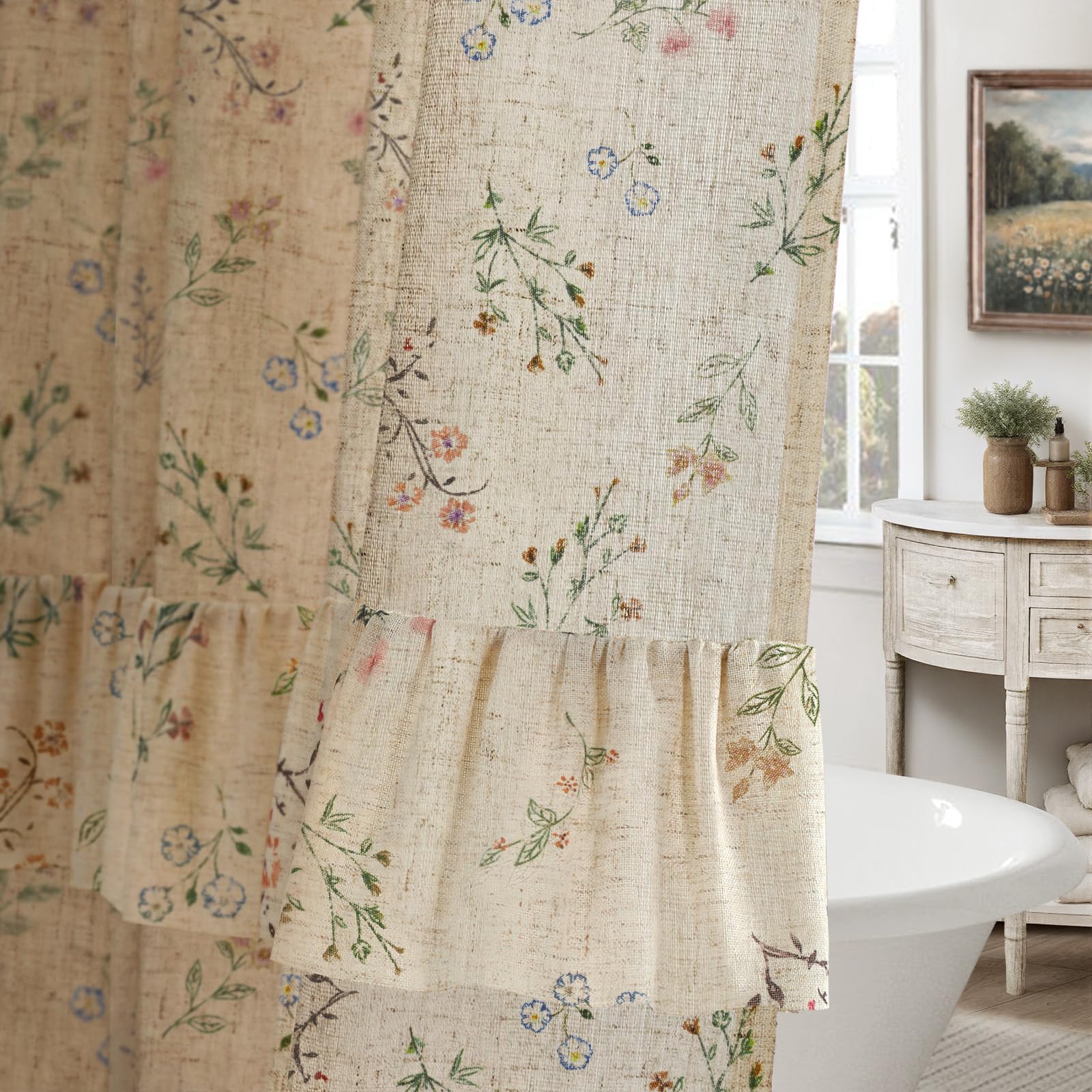 Floral Farmhouse Vintage Linen Shower Curtain, French Country Spring Shower Curtains for Bathroom, 72Wx72H