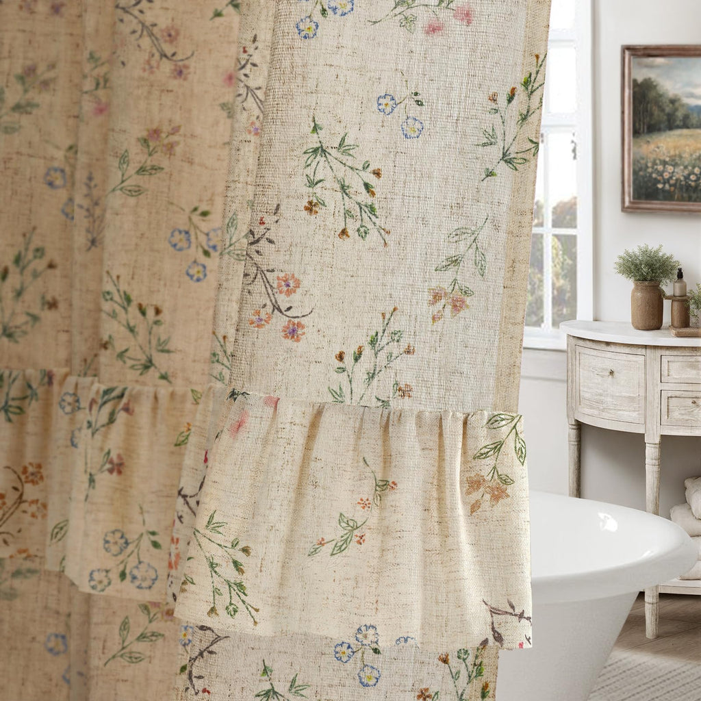 Floral Farmhouse Vintage Linen Shower Curtain, French Country Spring Shower Curtains for Bathroom, 72Wx72H