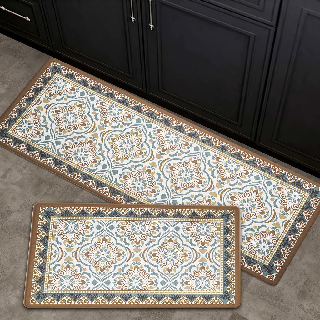 2-Piece Moroccan Tile Anti-Fatigue Kitchen Mat Set, Waterproof Non-Skid Washable Floor Rug 17"×30"+17"×47"