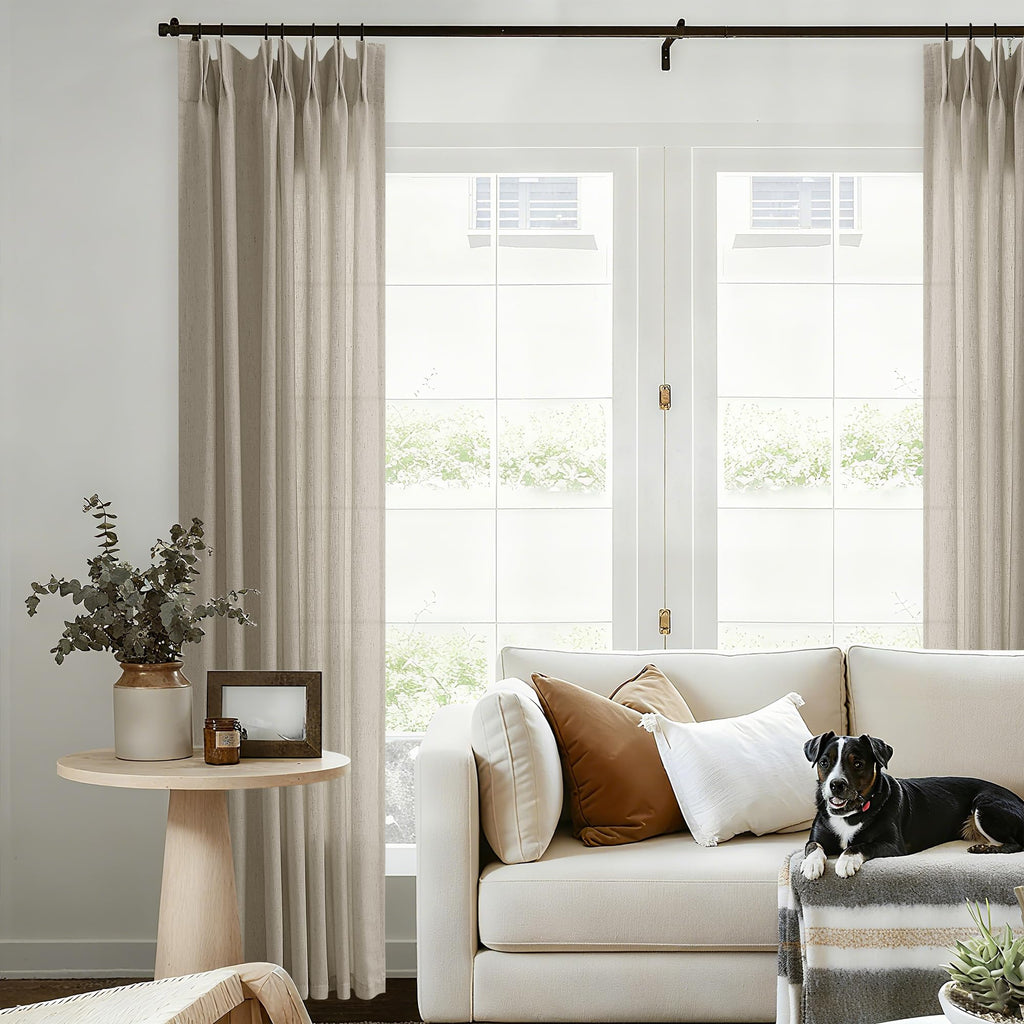 Natural Pinch Pleated Linen Curtains 72 Inches Long 72 Inch Wide for Living Room Bathroom Light Filtering Semi Sheer Shower Bath Curtain 72x72 Boho Neutral Pinch Pleated Drape Hooks Rings 1 Panel