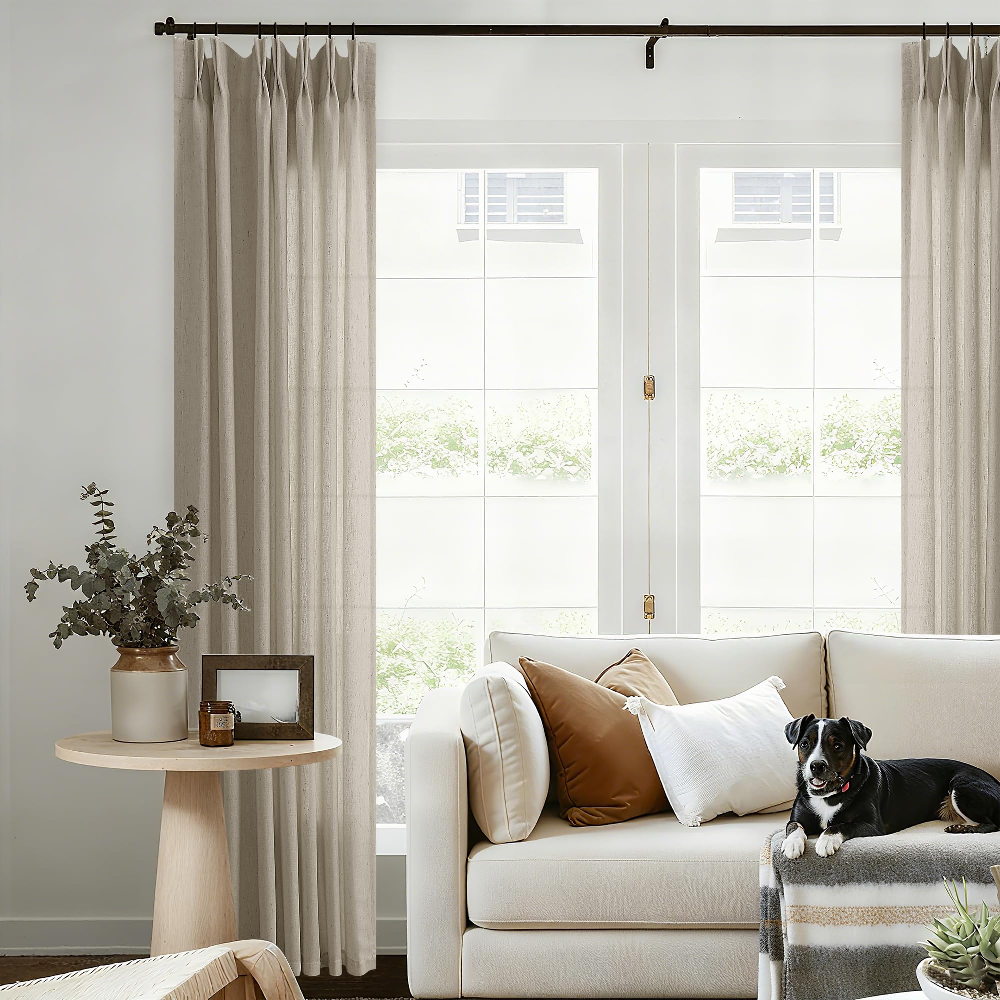 Natural Pinch Pleated Linen Curtains 72 Inches Long 72 Inch Wide for Living Room Bathroom Light Filtering Semi Sheer Shower Bath Curtain 72x72 Boho Neutral Pinch Pleated Drape Hooks Rings 1 Panel