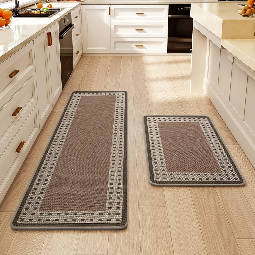 Kitchen Rugs Set of 2,Kitchen Mats for Floor, Runner Rugs Non Slip Washable Absorbent Kitchen Floor Mat, Braided Kitchen Sink Rug, 17''x30''+17''x47'' Brown