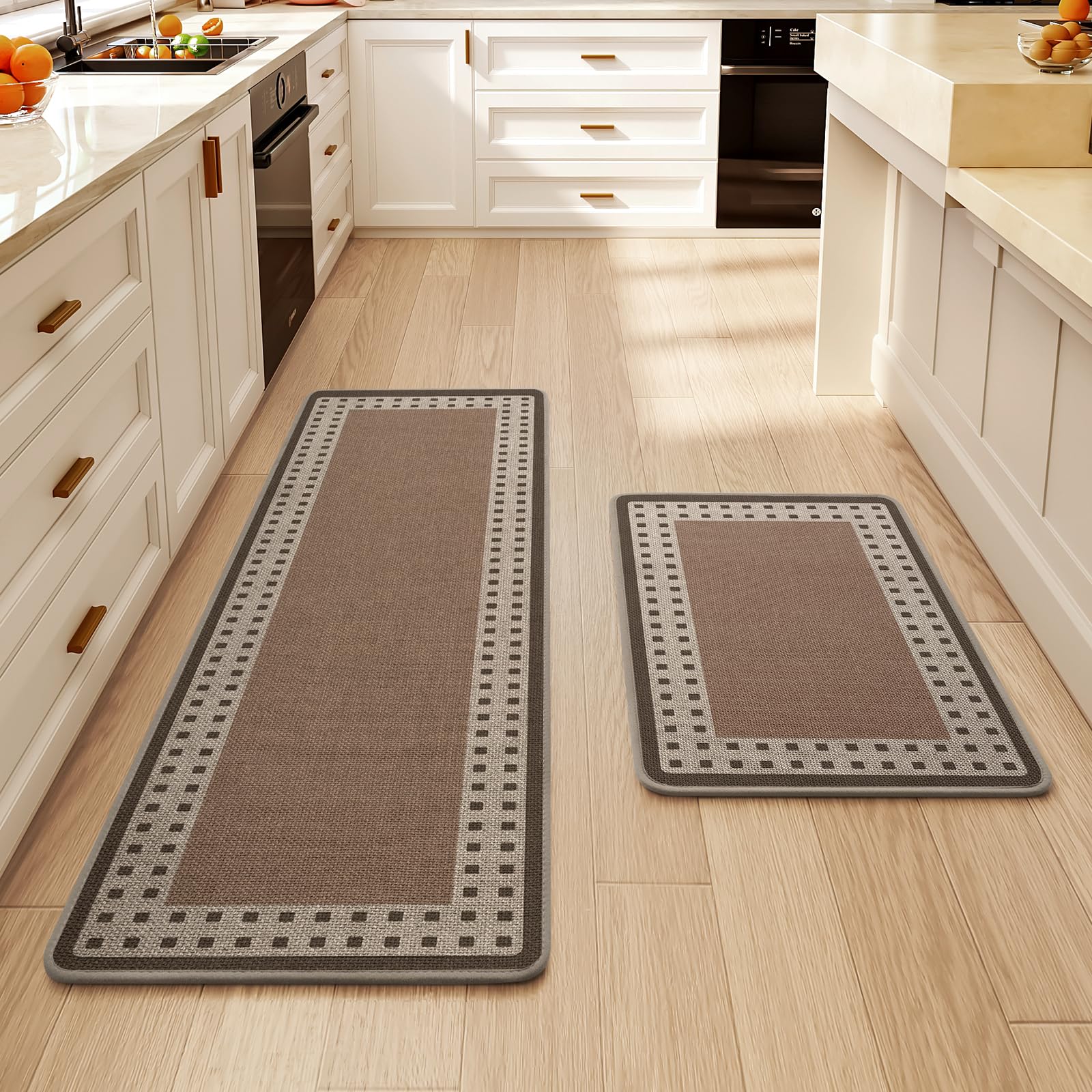 Kitchen Rugs Set of 2,Kitchen Mats for Floor, Runner Rugs Non Slip Washable Absorbent Kitchen Floor Mat, Braided Kitchen Sink Rug, 17''x30''+17''x47'' Brown