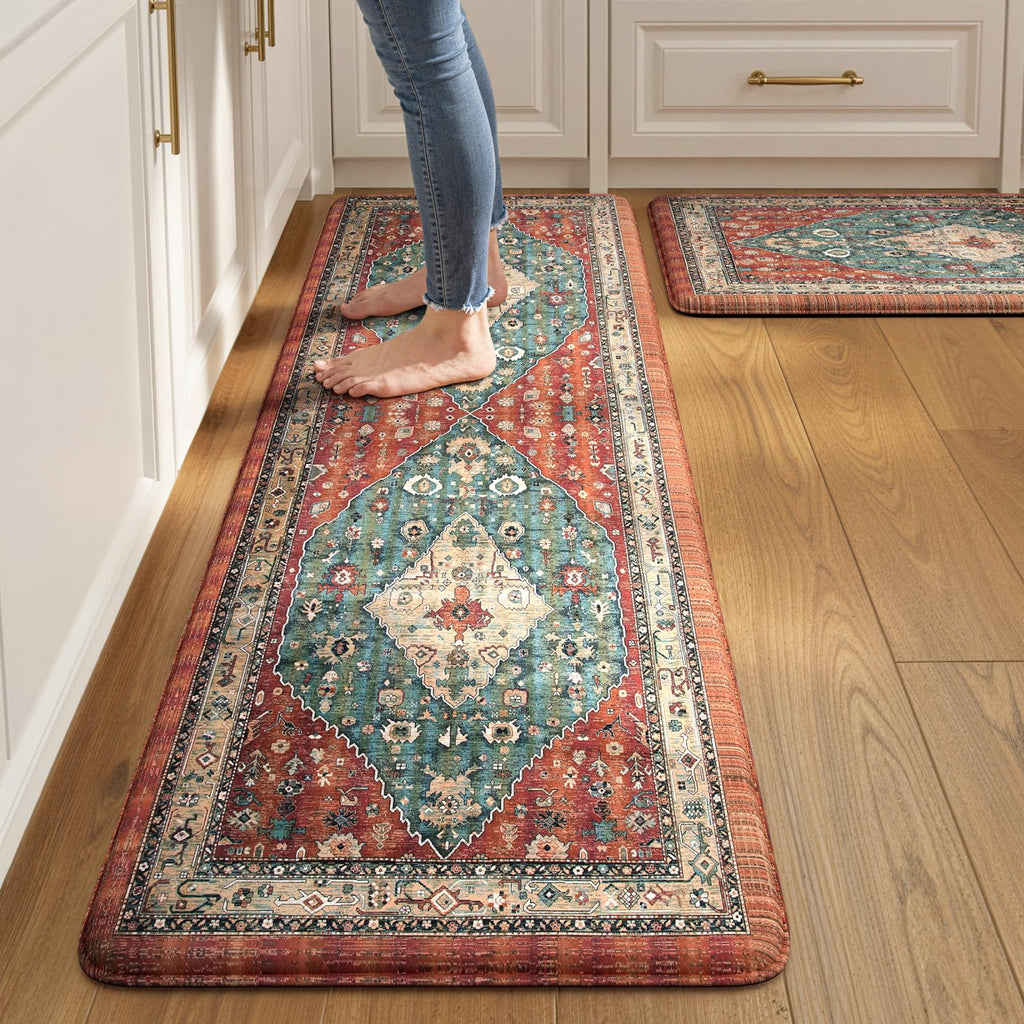 Collive Boho Kitchen Mats 2PCS, Cushioned Kitchen Mat for Floor Anti Fatigue Waterproof Kitchens Rugs Set of 2, Non Skid Comfort Standing Rug for Office, Sink, Laundry, 17.3"x29"+17.3"x47"