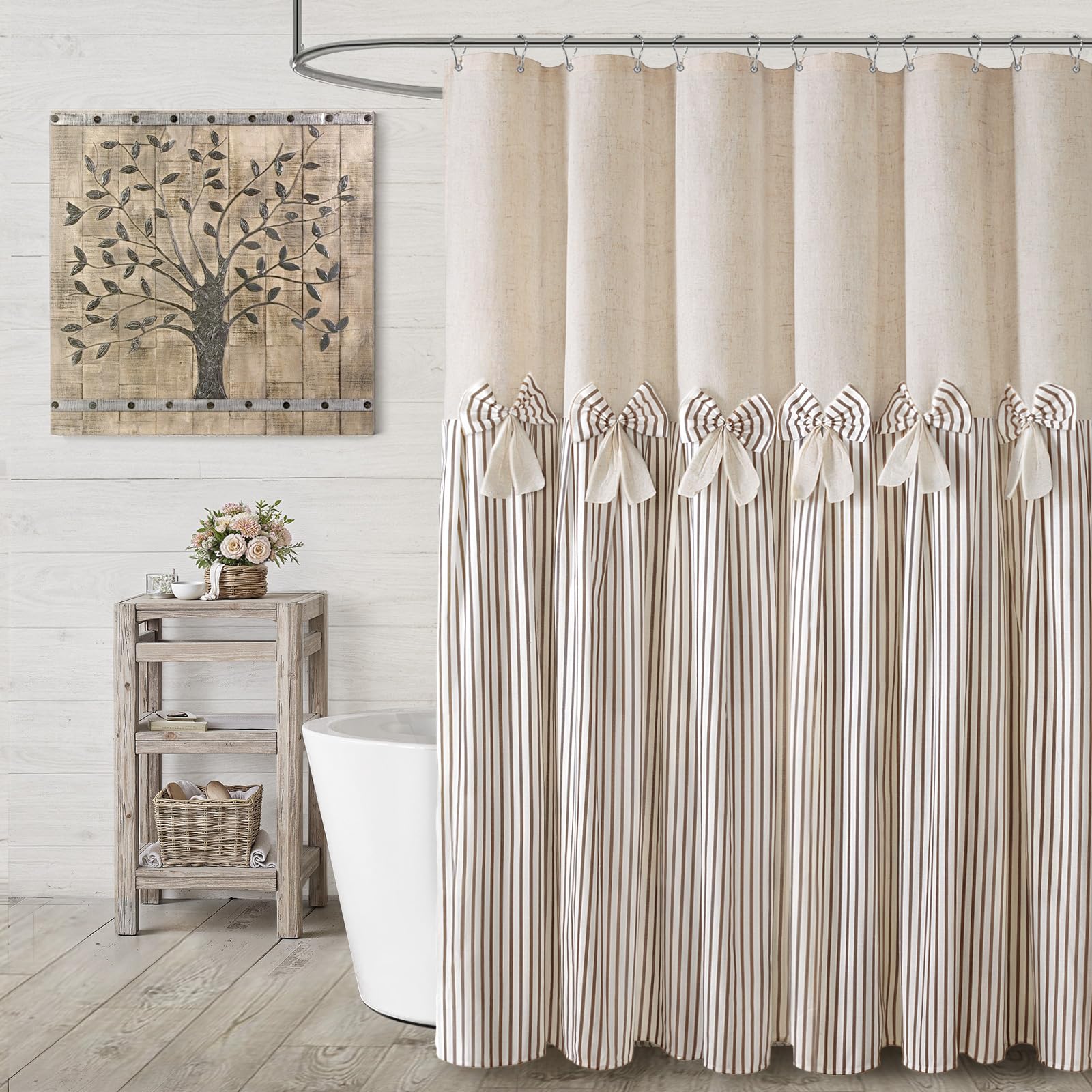 Farmhouse Shower Curtain Linen Beige Button Woven Fabric Country Rustic Western, Pleated Brown Stripe 72" W x 72" L