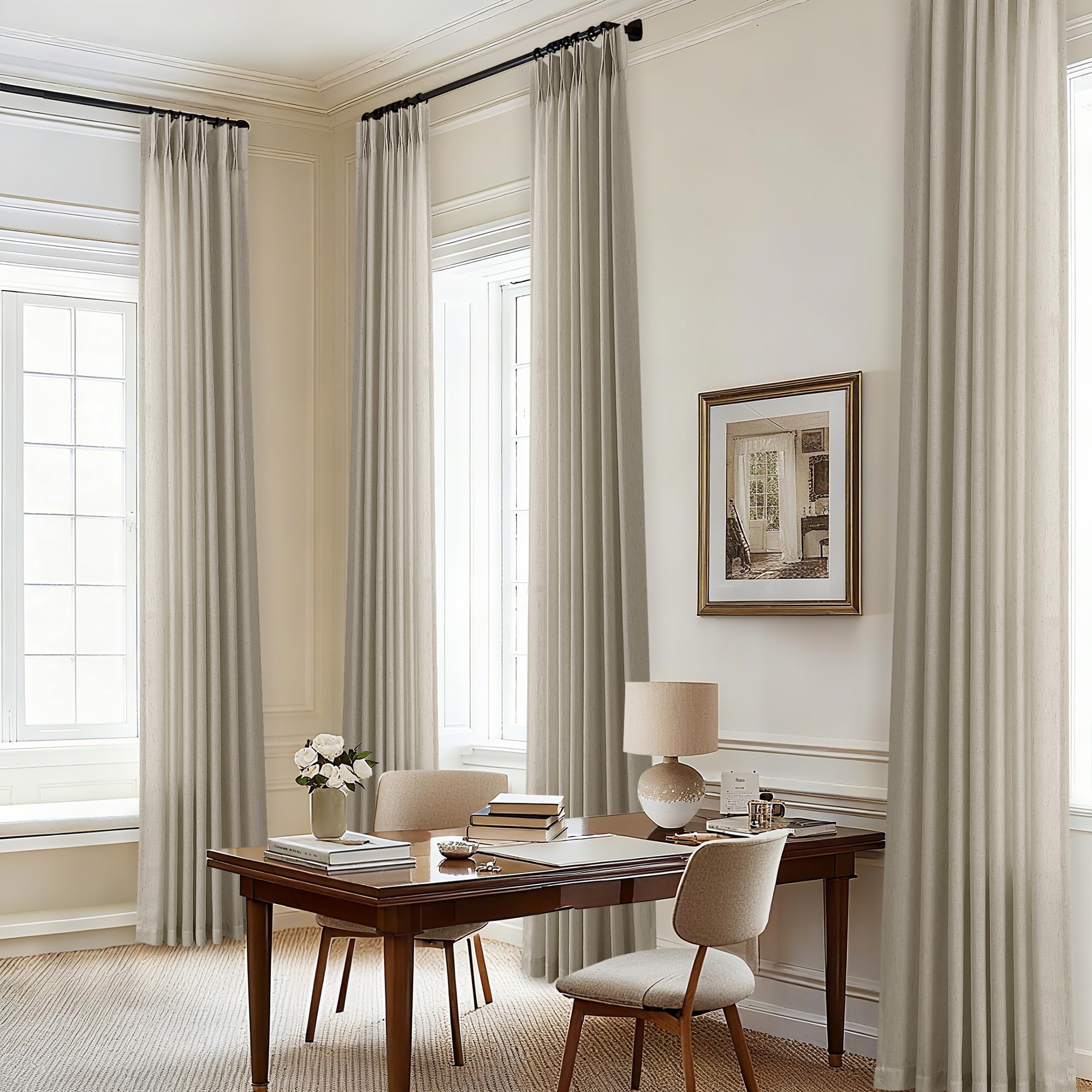 Natural Pinch Pleated Linen Curtains 72 Inches Long 72 Inch Wide for Living Room Bathroom Light Filtering Semi Sheer Shower Bath Curtain 72x72 Boho Neutral Pinch Pleated Drape Hooks Rings 1 Panel
