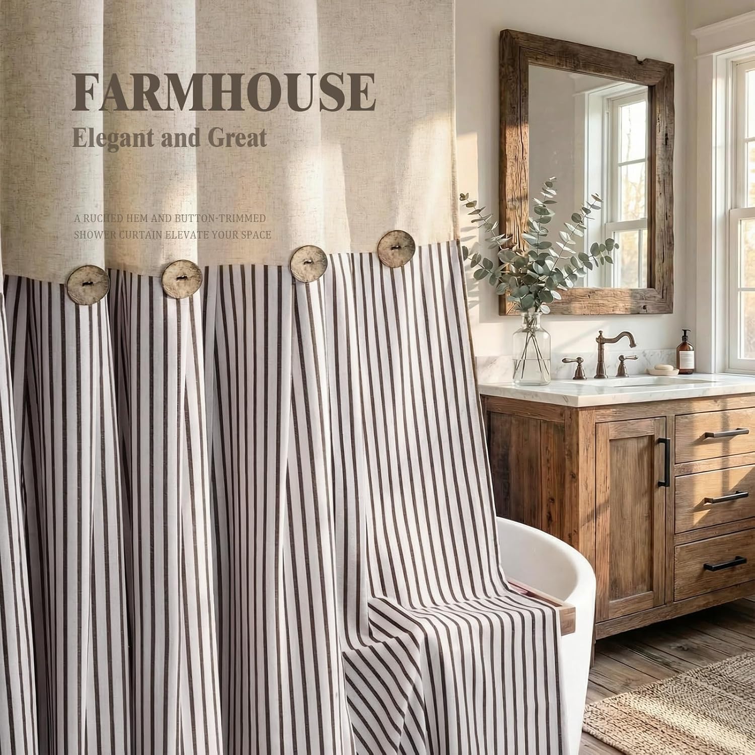 Farmhouse Shower Curtain Linen Beige Button Woven Fabric Country Rustic Western, Pleated Brown Stripe 72" W x 72" L