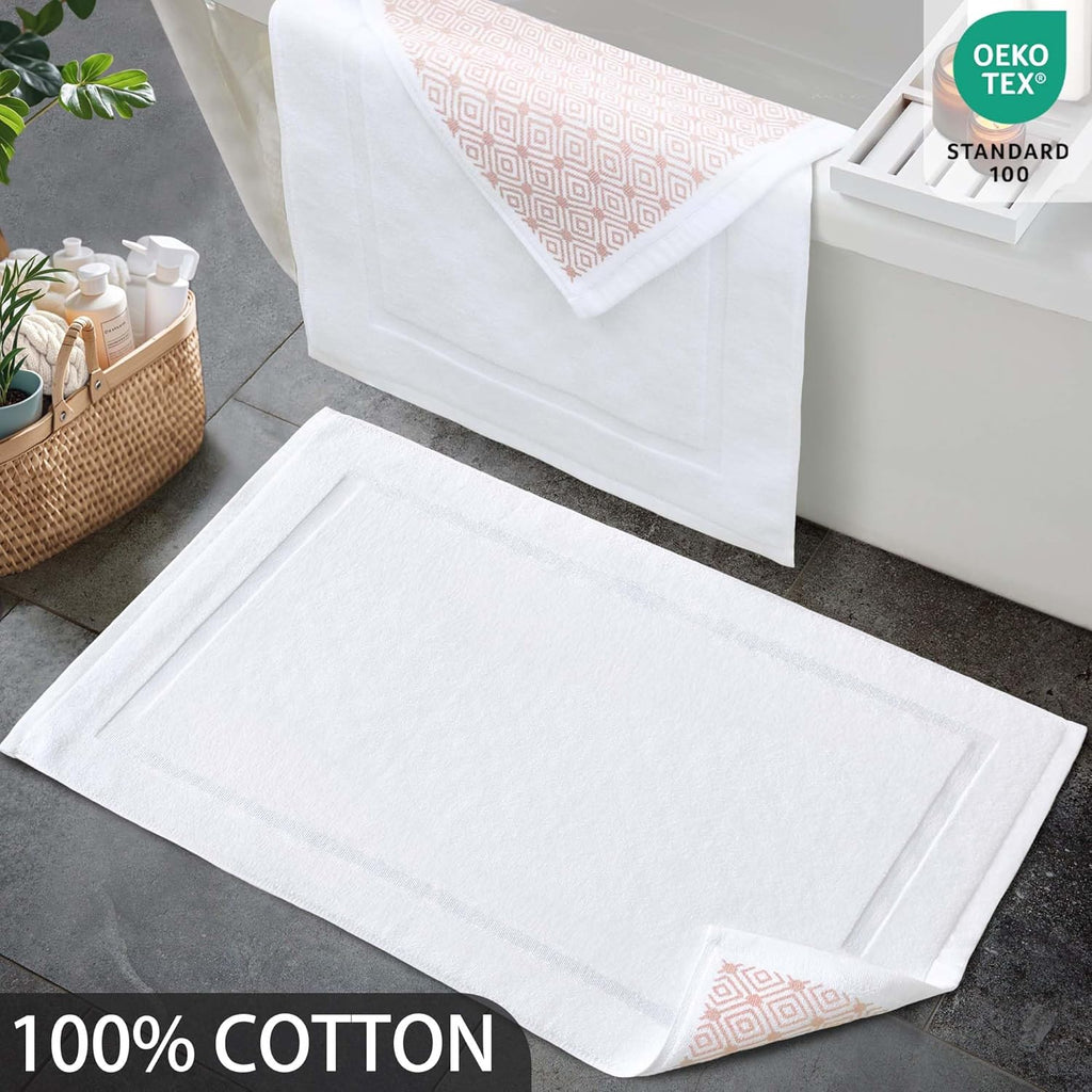VOOVA & MOVAS White Hotel-Grade Quality Cotton Bath Mats Set of 2 - Non Slip Design, Thick 1000gsm, Absorbent, Machine Washable, Large 22"x35" Bathroom Floor Towels, Safe for Bath Floors