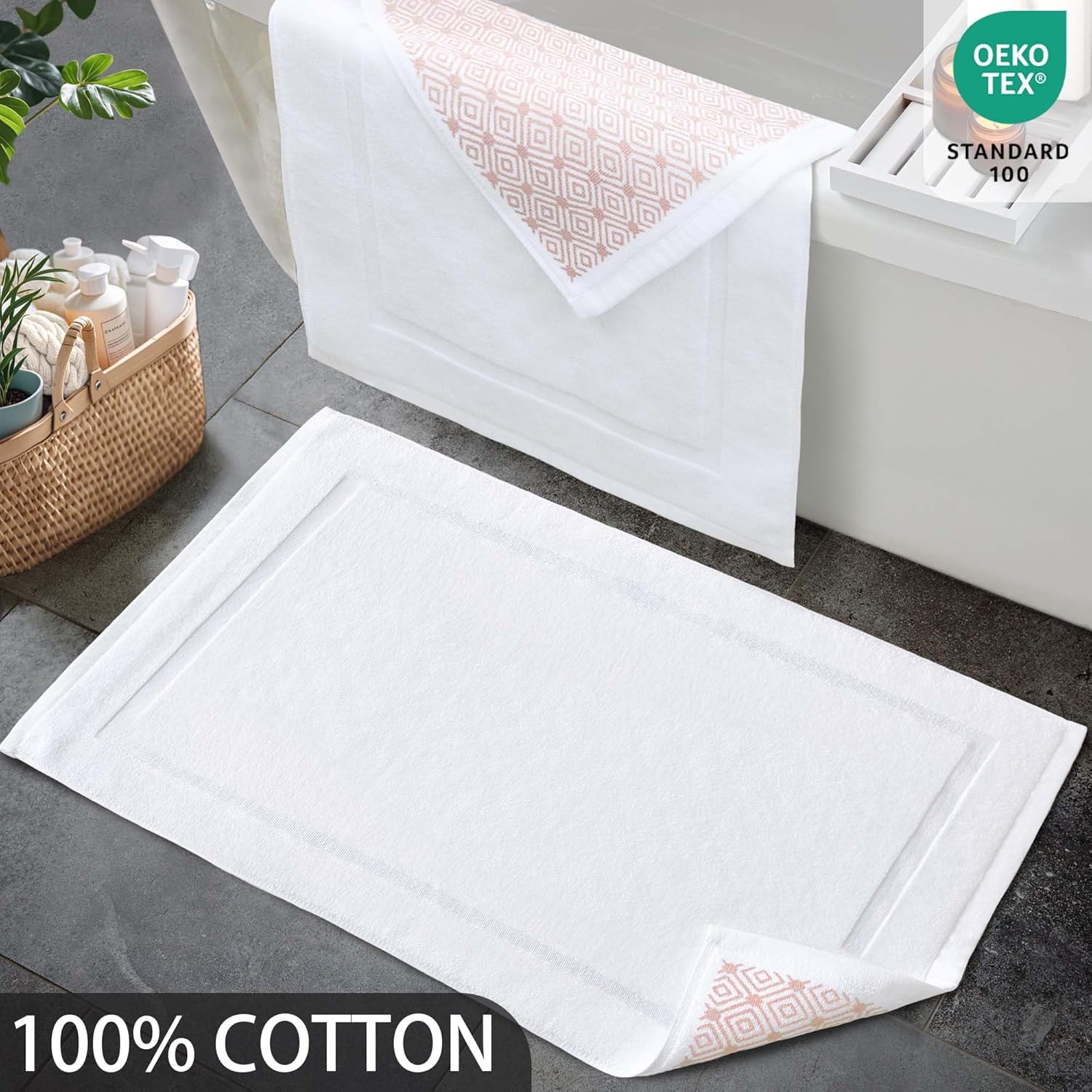 VOOVA & MOVAS White Hotel-Grade Quality Cotton Bath Mats Set of 2 - Non Slip Design, Thick 1000gsm, Absorbent, Machine Washable, Large 22"x35" Bathroom Floor Towels, Safe for Bath Floors