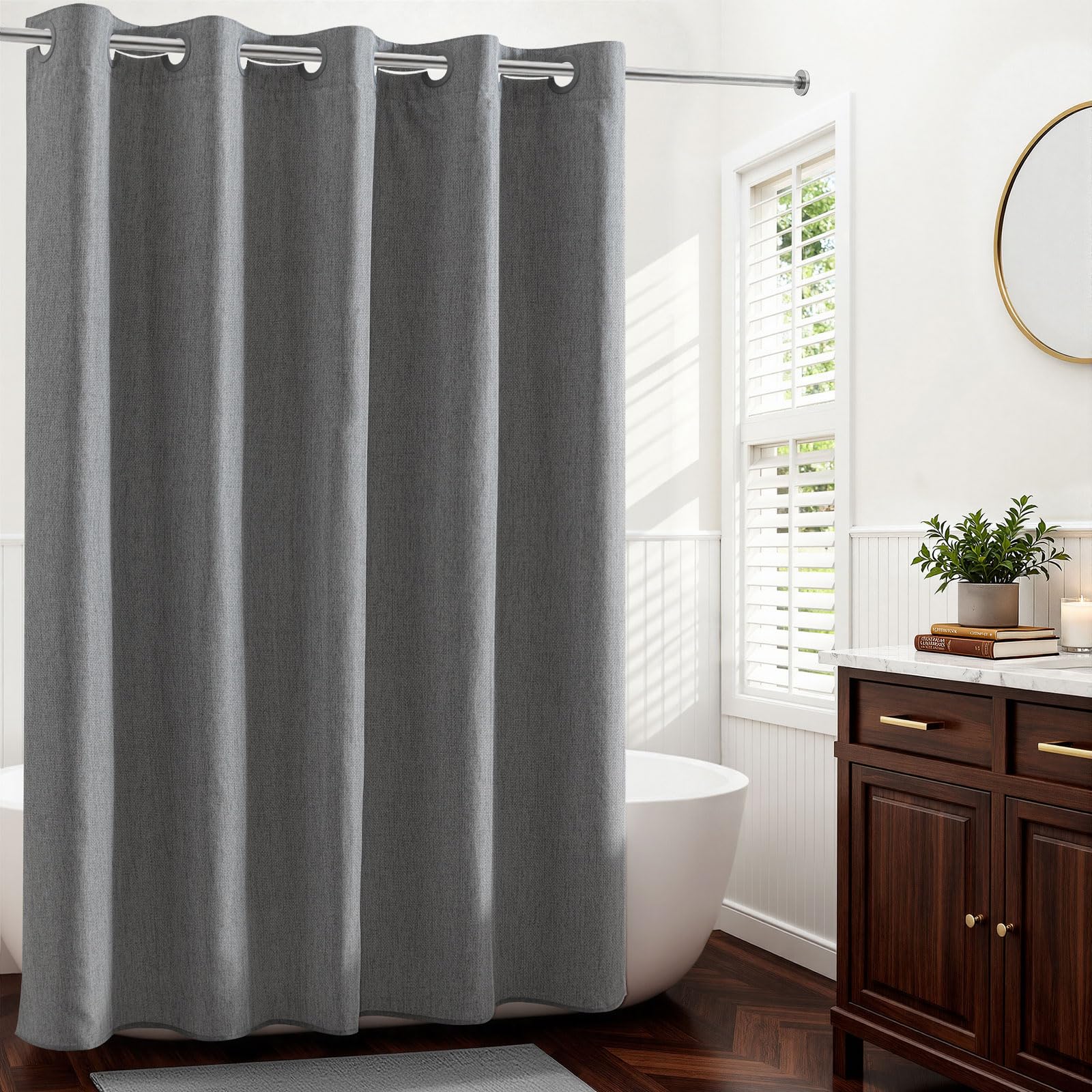 River Dream Linen Textured No Hook Shower Curtain with Snap-in Liner, Farmhouse Quick Dry Fabric Shower Curtain for Bathroom,Rustic Bathroom Set,See-Through Top Window,Water-Repellent,Linen,71Wx74L