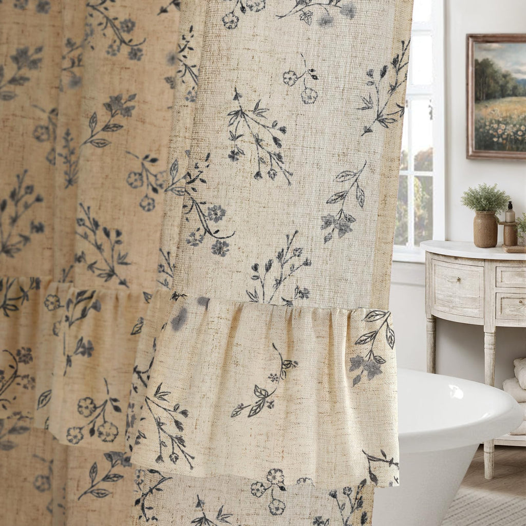 Floral Farmhouse Vintage Linen Shower Curtain, French Country Spring Shower Curtains for Bathroom, 72Wx72H