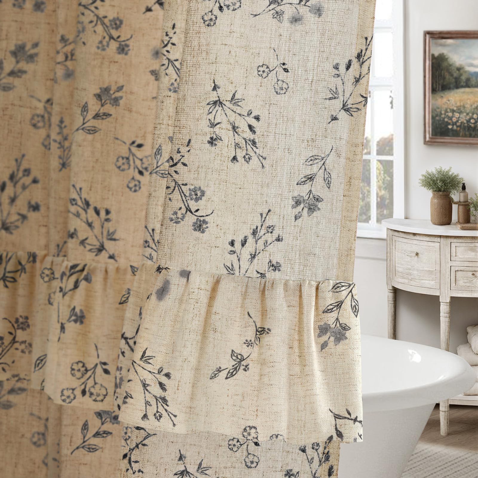 Floral Farmhouse Vintage Linen Shower Curtain, French Country Spring Shower Curtains for Bathroom, 72Wx72H
