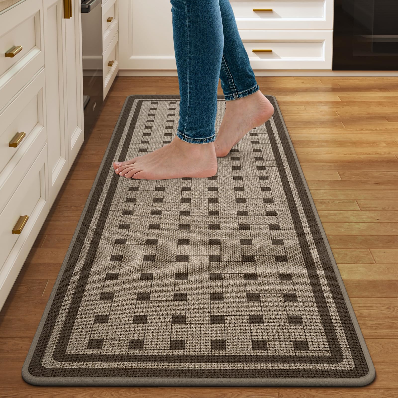 Kitchen Rugs Set of 2,Kitchen Mats for Floor, Runner Rugs Non Slip Washable Absorbent Kitchen Floor Mat, Braided Kitchen Sink Rug, 17''x30''+17''x47'' Brown