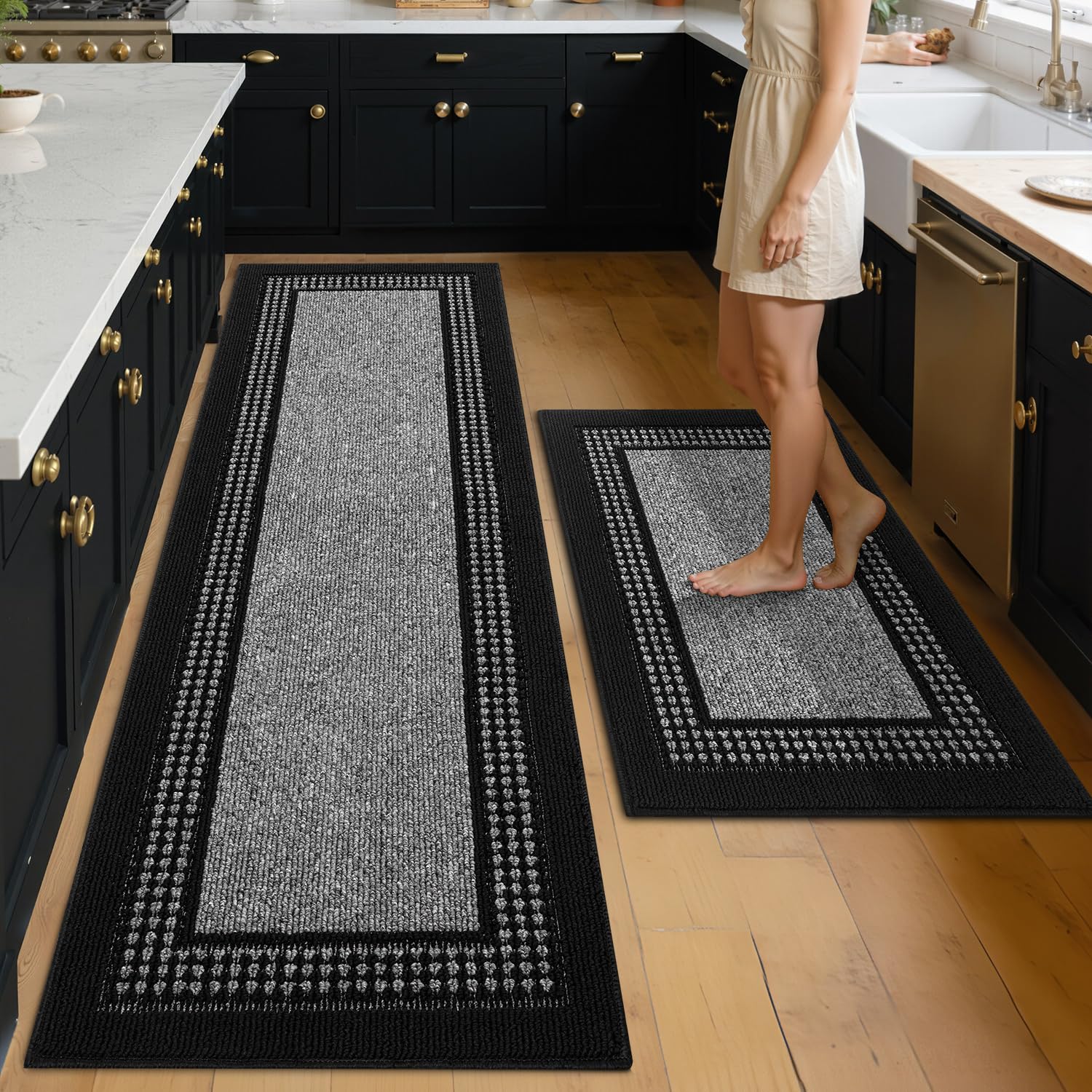 hicorfe Kitchen Runner Rugs,Set of 2 Non Slip Kitchen Mats for Floor,Vintage Stain Resistant Kitchen Mat Floor Carpet for Hallways Entryway Laundry Room Washable(20"x59"+20"x48",Grey)