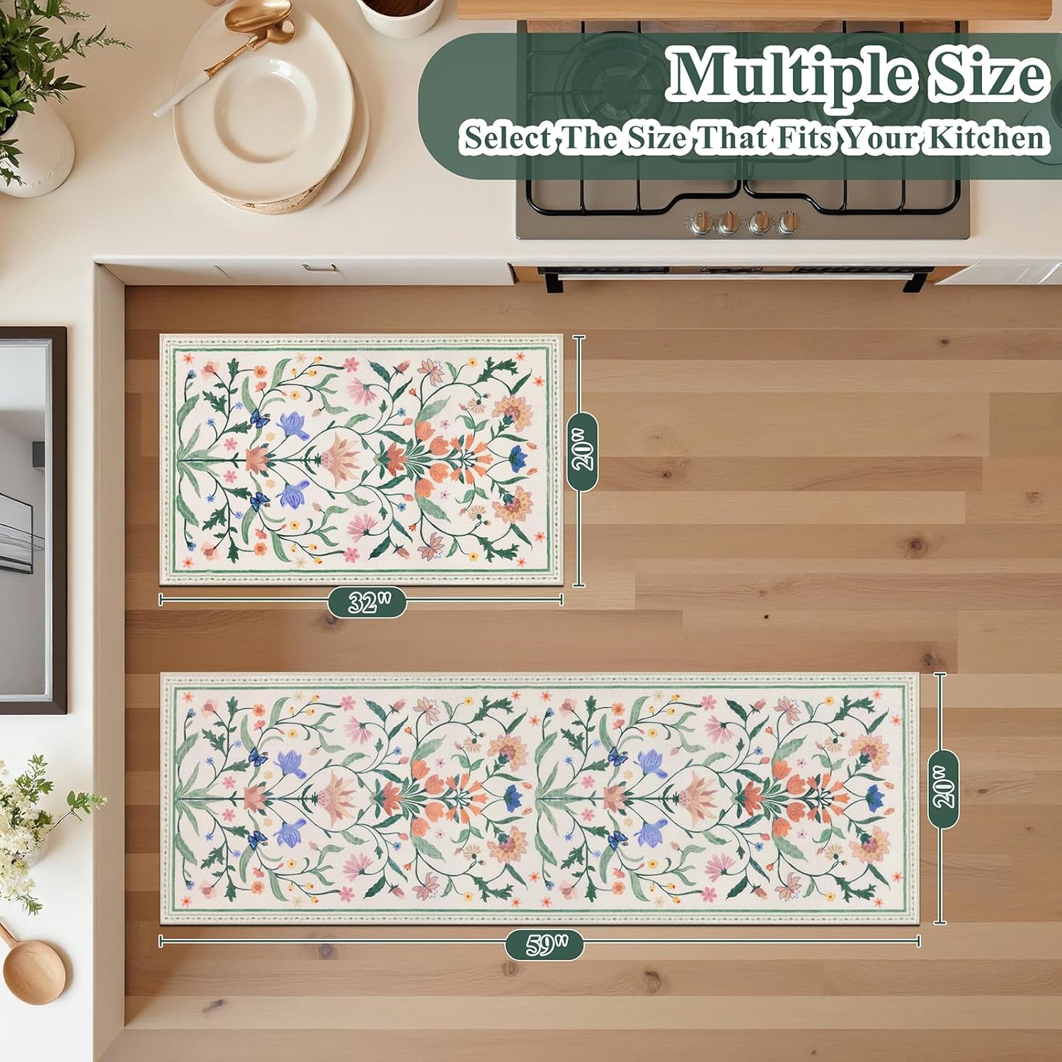Ileading Kitchen Mat Sets 2 Piece,Plant Florals Rugs for Kitchen Floor,Stain Resistant Standing Mats with Non Slip Rubber Backing,Waterproof Runner Rugs for Laundry,Doormat,Entryway(Beige Florals)