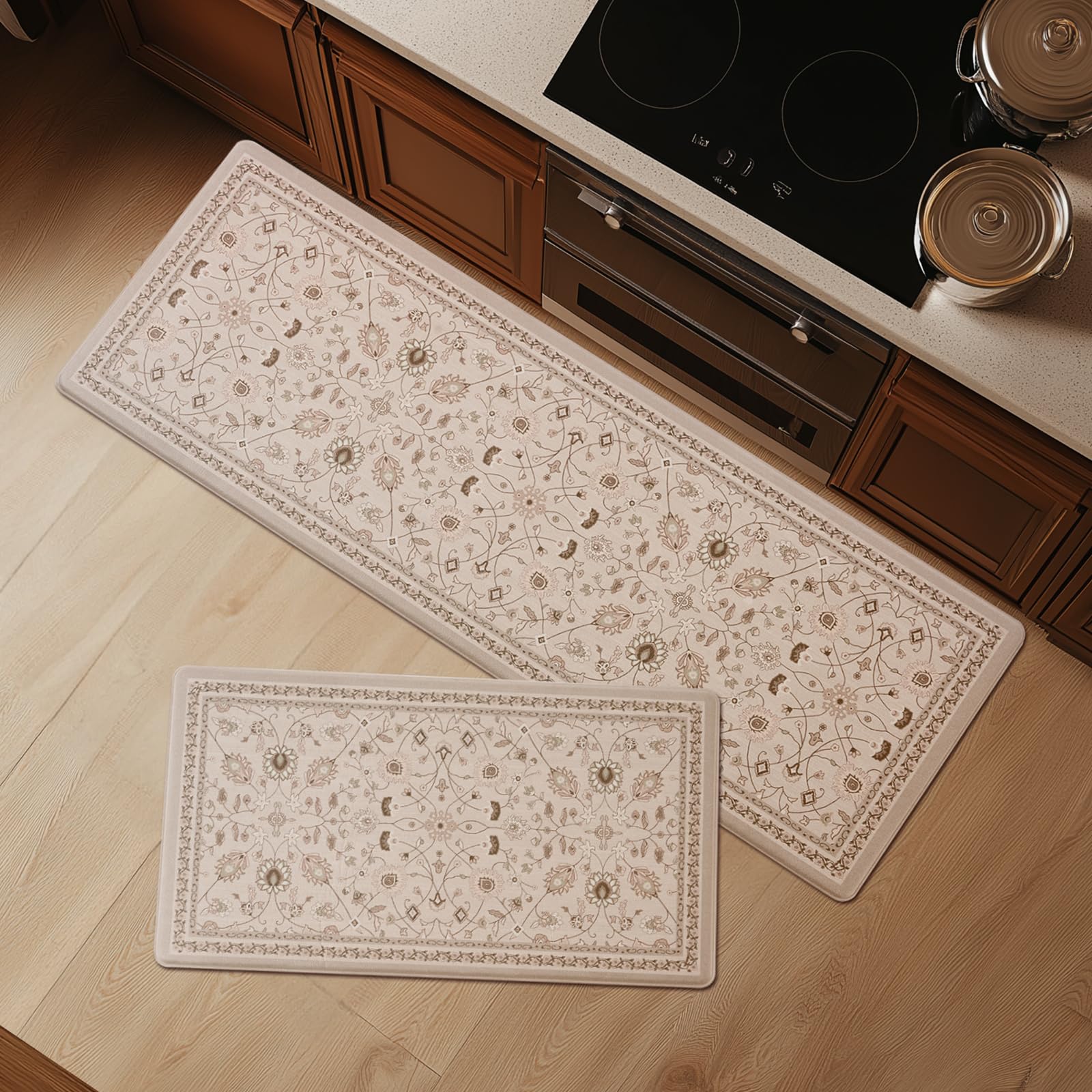 FRESHMINT Anti Fatigue Kitchen Mats for Floor 2 Piece Set, Waterproof & Non-Skid Vintage Floarl Kitchen Rugs, Cushioned Kitchen Mat for Standing Washable Comfort Desk Kitchen Runners, 17x30''+17x47''