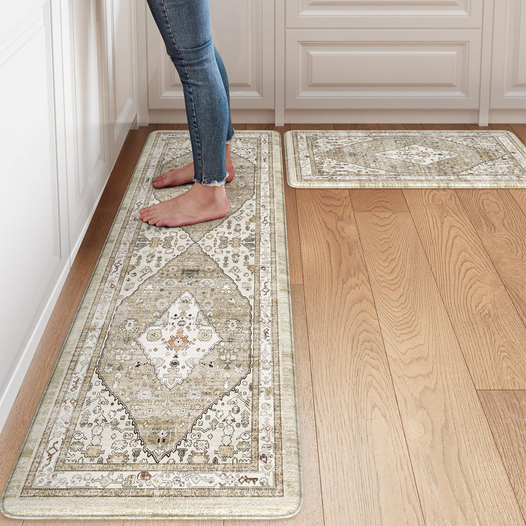 Collive Boho Kitchen Mats 2PCS, Cushioned Kitchen Mat for Floor Anti Fatigue Waterproof Kitchens Rugs Set of 2, Non Skid Comfort Standing Rug for Office, Sink, Laundry, 17.3"x29"+17.3"x47"