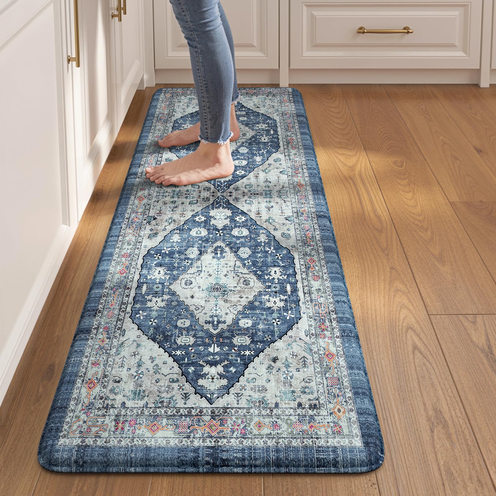 Collive Boho Kitchen Mats 2PCS, Cushioned Kitchen Mat for Floor Anti Fatigue Waterproof Kitchens Rugs Set of 2, Non Skid Comfort Standing Rug for Office, Sink, Laundry, 17.3"x29"+17.3"x47"