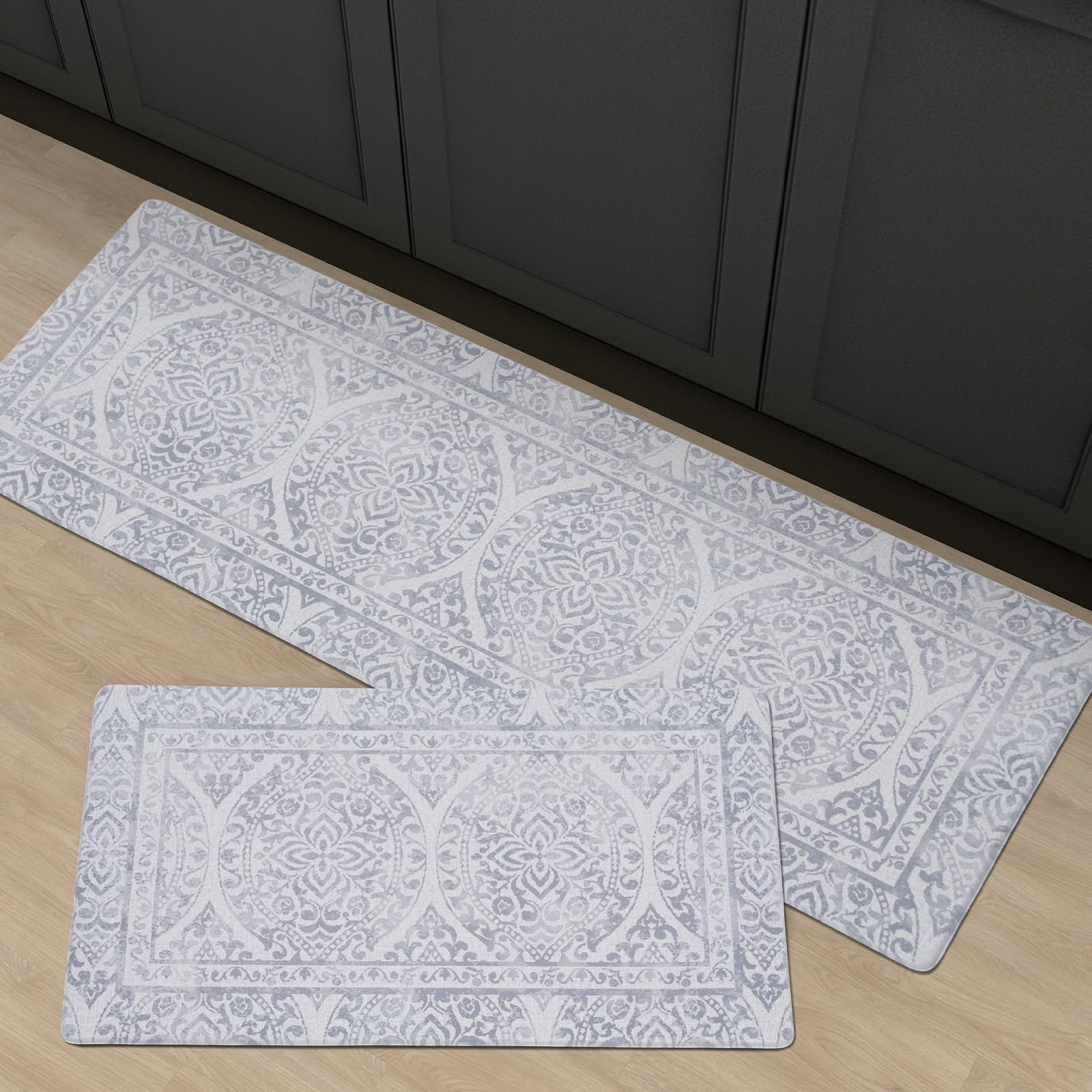 FRESHMINT Anti Fatigue Kitchen Mats for Floor 2 Piece Set, Waterproof & Non-Skid Vintage Floarl Kitchen Rugs, Cushioned Kitchen Mat for Standing Washable Comfort Desk Kitchen Runners, 17x30''+17x47''