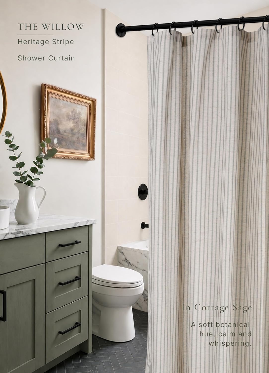 Farmhouse Striped Shower Curtain - 72x72 Inches, Linen Blend Fabric, Breathable & Machine Washable, Rustic Sage for Bathroom Decor (Hooks/Liner Not Included)