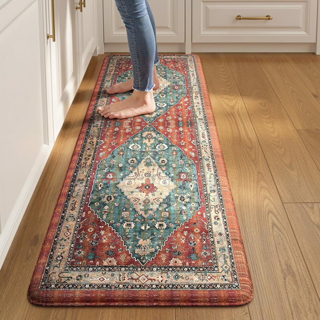 Collive Boho Kitchen Mats 2PCS, Cushioned Kitchen Mat for Floor Anti Fatigue Waterproof Kitchens Rugs Set of 2, Non Skid Comfort Standing Rug for Office, Sink, Laundry, 17.3"x29"+17.3"x47"