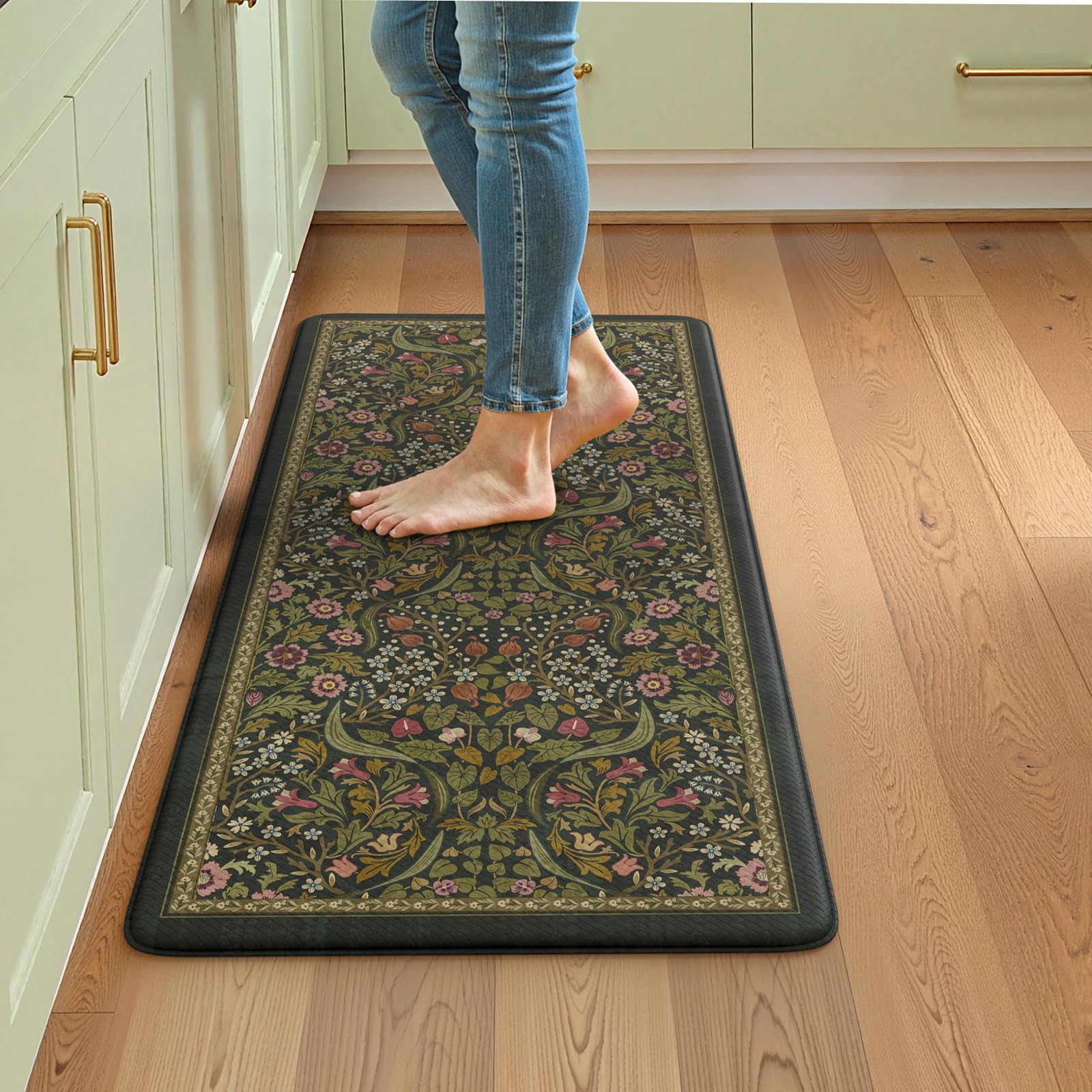 Collive Kitchen Mats for Floor 2PCS, Cushioned Anti Fatigue Mat Non Slip Waterproof Kitchen Sink Rugs, Washable Vintage Spring Floral Rug Comfort Standing Mat for Laundry, Desk, Bar, Office, Black