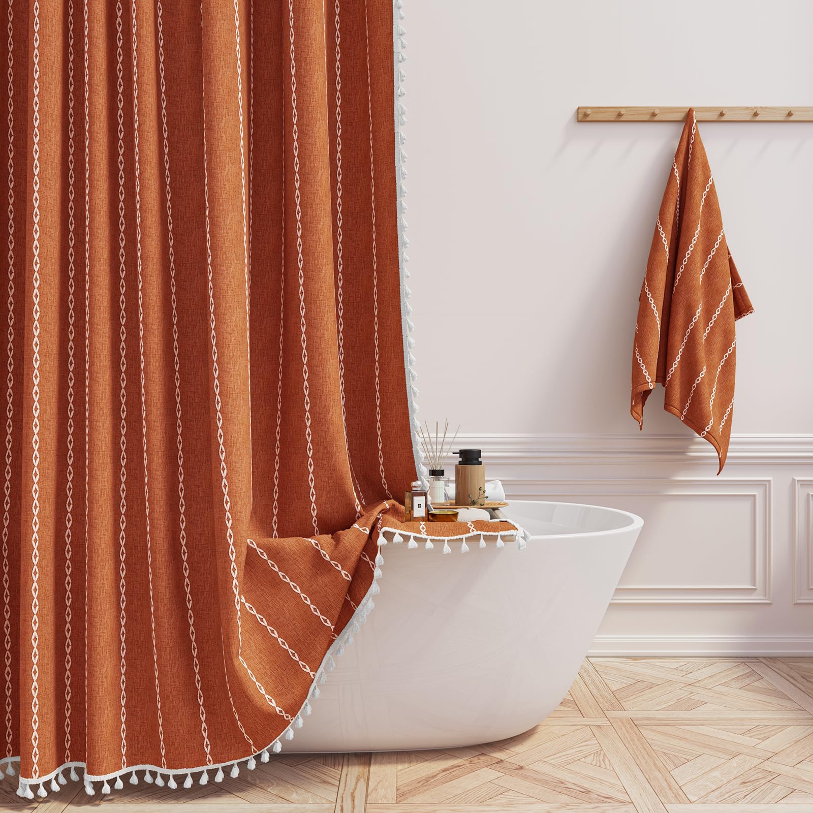 BTTN Boho Farmhouse Shower Curtain, Linen Rustic Weighted Striped Cloth Shower Curtain Set with Tassel, Water Repellent, Bohemian Vintage Country Fabric Shower Curtain for Bathroom, Cream/Beige, 72x72