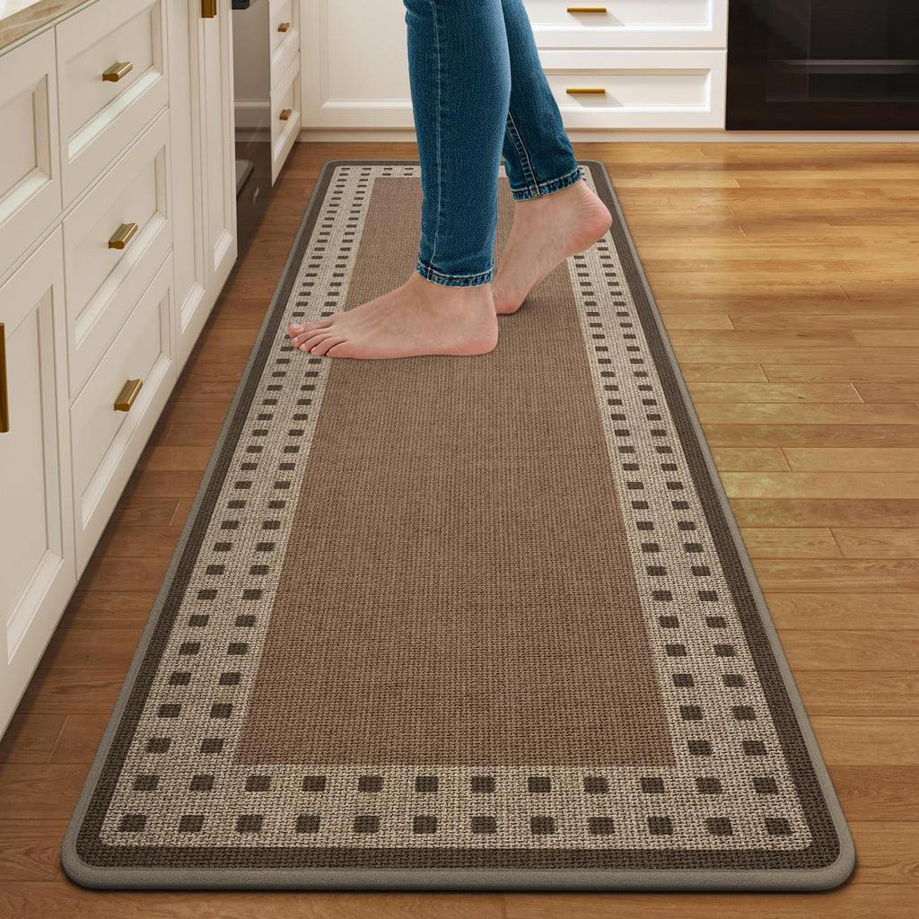 Kitchen Rugs Set of 2,Kitchen Mats for Floor, Runner Rugs Non Slip Washable Absorbent Kitchen Floor Mat, Braided Kitchen Sink Rug, 17''x30''+17''x47'' Brown