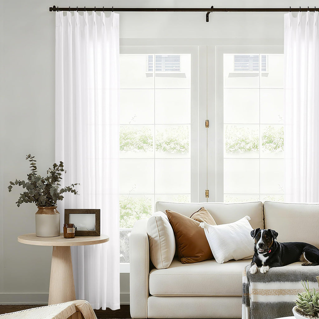 Natural Pinch Pleated Linen Curtains 72 Inches Long 72 Inch Wide for Living Room Bathroom Light Filtering Semi Sheer Shower Bath Curtain 72x72 Boho Neutral Pinch Pleated Drape Hooks Rings 1 Panel