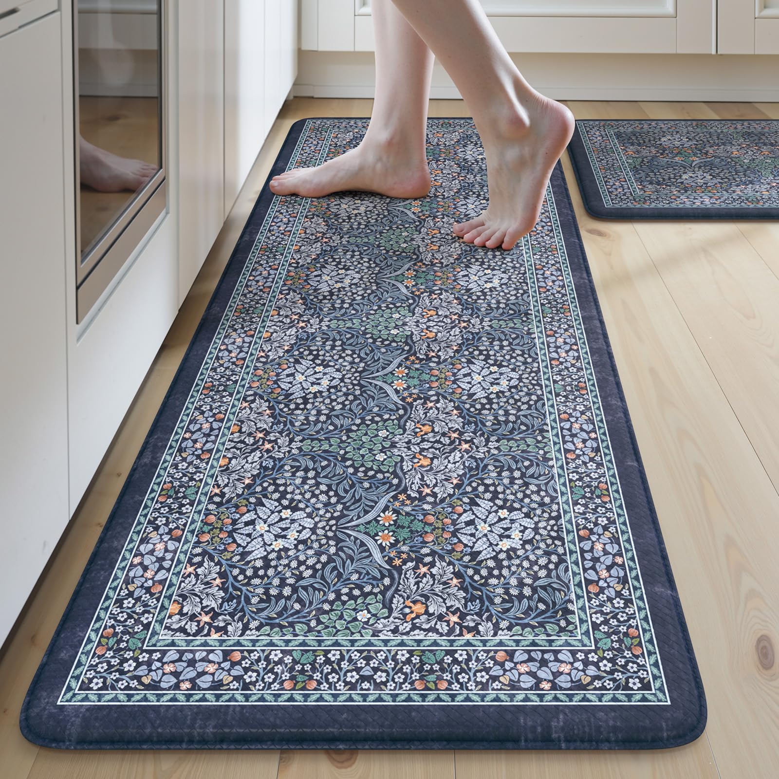 Collive Kitchen Mats for Floor 2PCS, Cushioned Anti Fatigue Mat Non Slip Waterproof Kitchen Sink Rugs, Washable Vintage Spring Floral Rug Comfort Standing Mat for Laundry, Desk, Bar, Office, Black