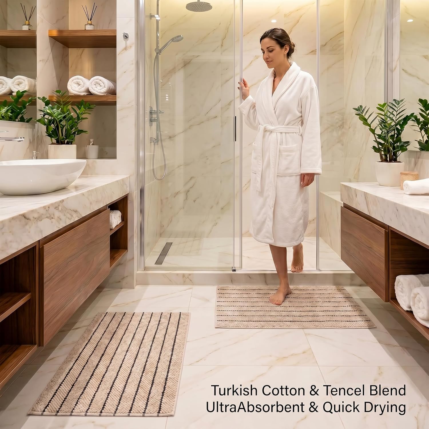 Herringbone Bath Mat Set of 2, Turkish Cotton Tencel Blend, Absorbent Quick Dry, 20x32 Inch, Oeko-TEX Certified, Made in Turkey