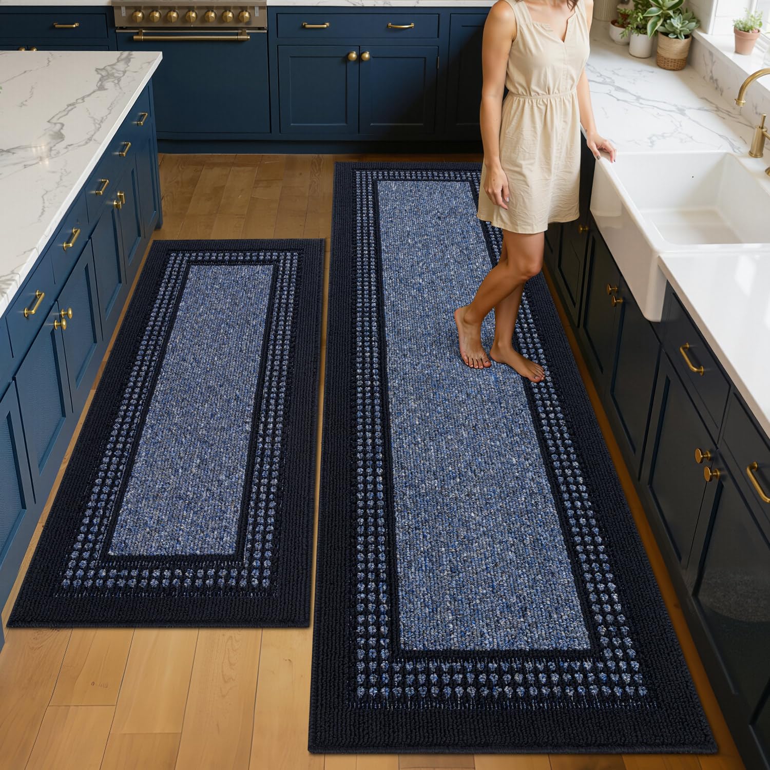 hicorfe Kitchen Runner Rugs,Set of 2 Non Slip Kitchen Mats for Floor,Vintage Stain Resistant Kitchen Mat Floor Carpet for Hallways Entryway Laundry Room Washable(20"x59"+20"x48",Grey)