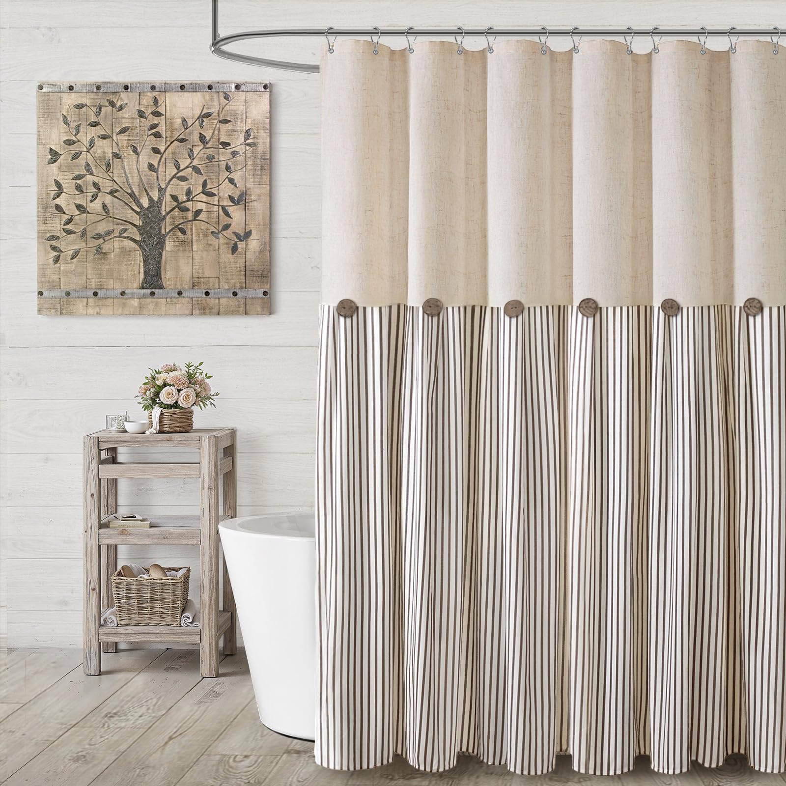Farmhouse Shower Curtain Linen Beige Button Woven Fabric Country Rustic Western, Pleated Brown Stripe 72" W x 72" L