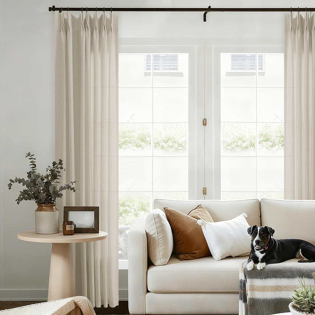 Natural Pinch Pleated Linen Curtains 72 Inches Long 72 Inch Wide for Living Room Bathroom Light Filtering Semi Sheer Shower Bath Curtain 72x72 Boho Neutral Pinch Pleated Drape Hooks Rings 1 Panel