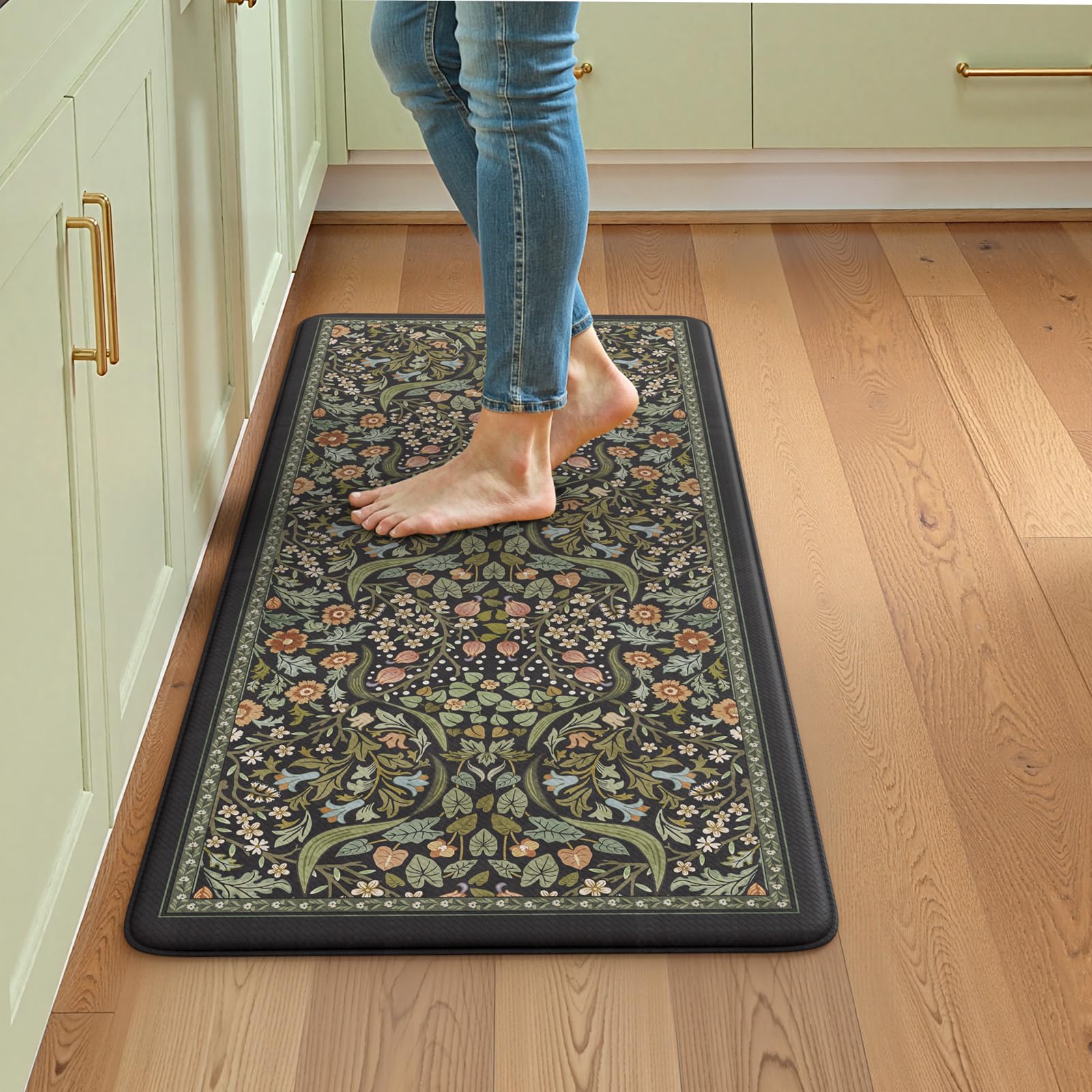 Collive Kitchen Mats for Floor 2PCS, Cushioned Anti Fatigue Mat Non Slip Waterproof Kitchen Sink Rugs, Washable Vintage Spring Floral Rug Comfort Standing Mat for Laundry, Desk, Bar, Office, Black