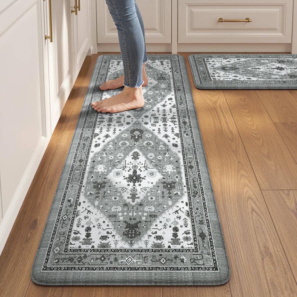 Collive Boho Kitchen Mats 2PCS, Cushioned Kitchen Mat for Floor Anti Fatigue Waterproof Kitchens Rugs Set of 2, Non Skid Comfort Standing Rug for Office, Sink, Laundry, 17.3"x29"+17.3"x47"