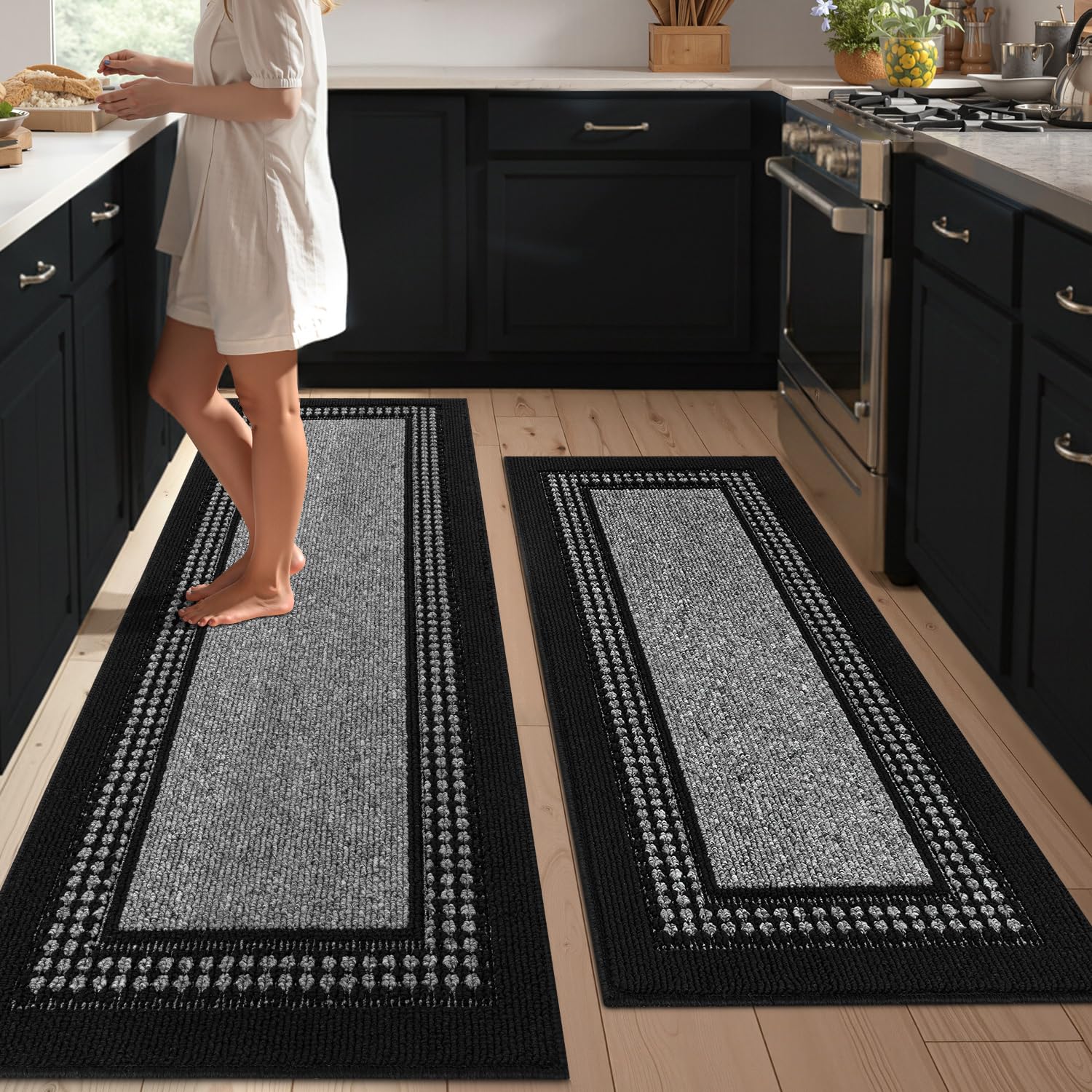 hicorfe Kitchen Runner Rugs,Set of 2 Non Slip Kitchen Mats for Floor,Vintage Stain Resistant Kitchen Mat Floor Carpet for Hallways Entryway Laundry Room Washable(20"x59"+20"x48",Grey)