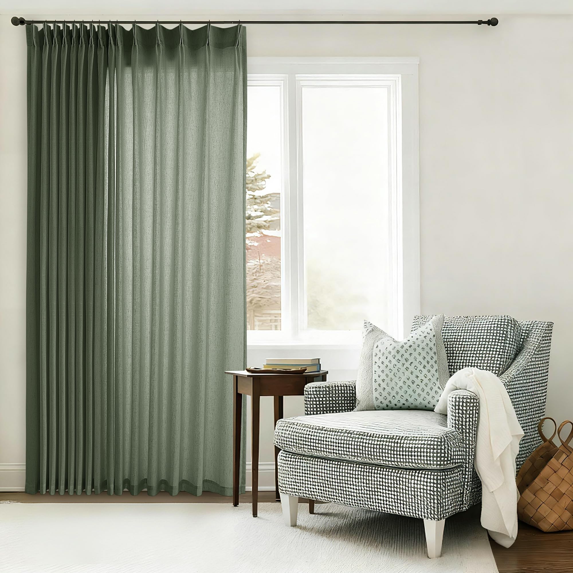 Natural Pinch Pleated Linen Curtains 72 Inches Long 72 Inch Wide for Living Room Bathroom Light Filtering Semi Sheer Shower Bath Curtain 72x72 Boho Neutral Pinch Pleated Drape Hooks Rings 1 Panel